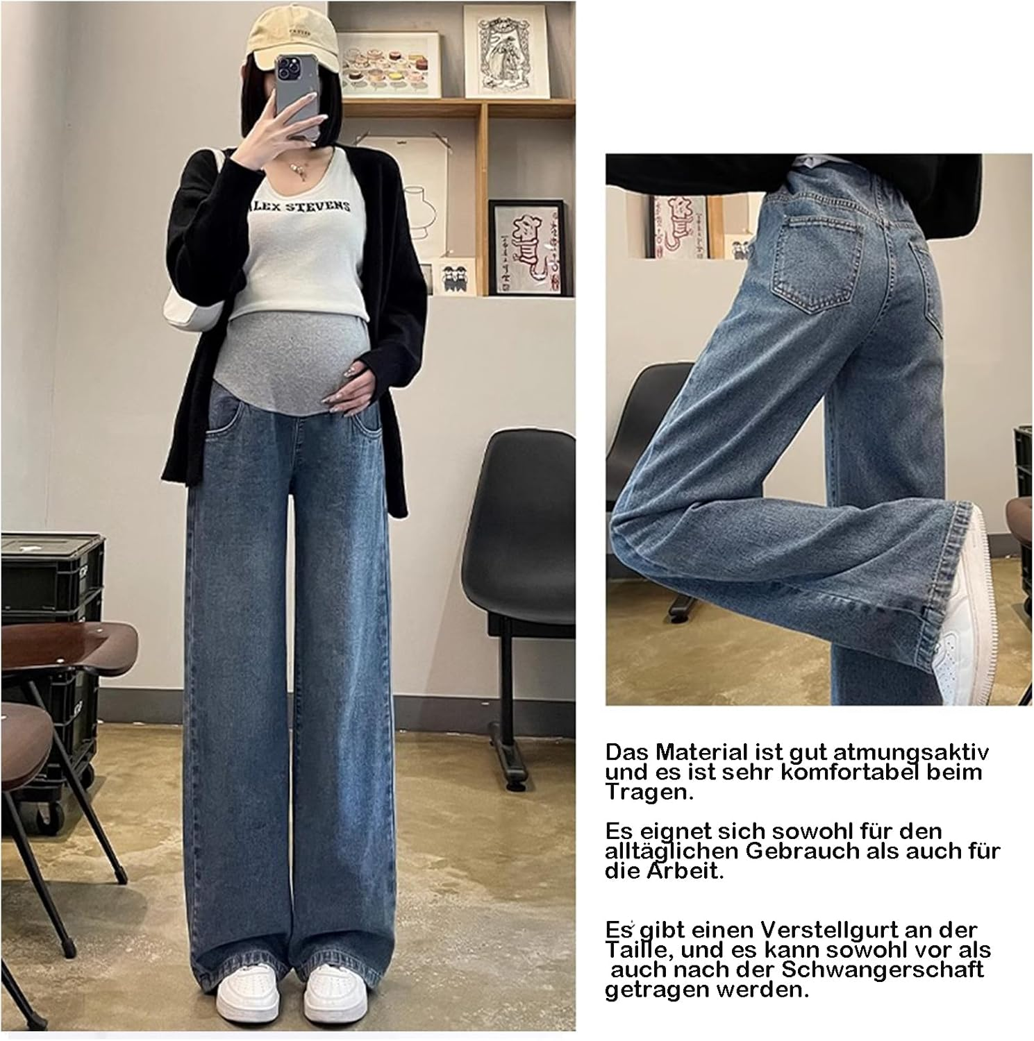 Pregnant Women'S Jeans Wide Leg Design, Adjustable Waist Belt & Double-Sided Pockets, Stylish & Elegant, Practical for Everyday Use and Work