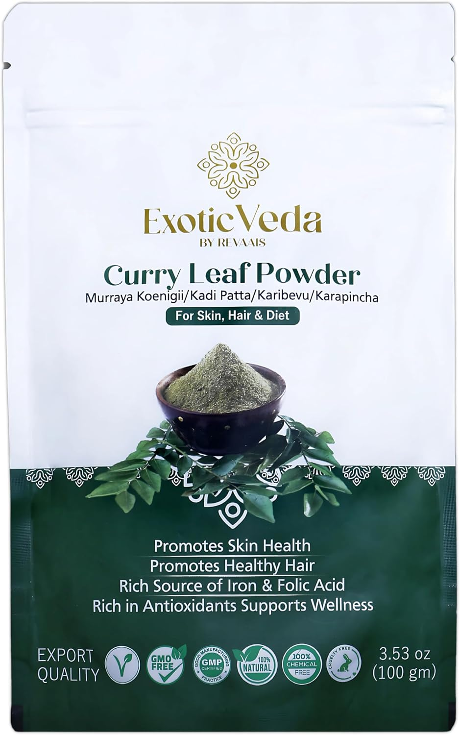 Organic Curry Leaf Powder - Kadi Patta, Rich Nutrients, Culinary & Medicinal Uses, Promotes Hair Growth, Reduces Hair Fall & Graying, Skin Care, Regulates Blood Sugar, Boosts Immunity (100G) image number 1