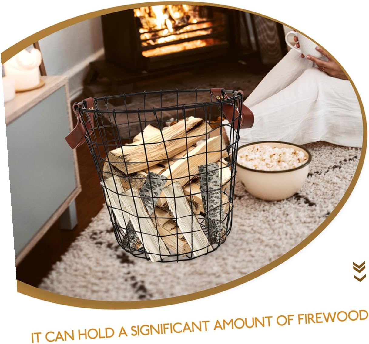 2Pcs Metal Firewood Storage Basket Outdoor round Iron Firewood Holder Rustic Log Carrier for Camping and Home Fireplace Storage image number 3