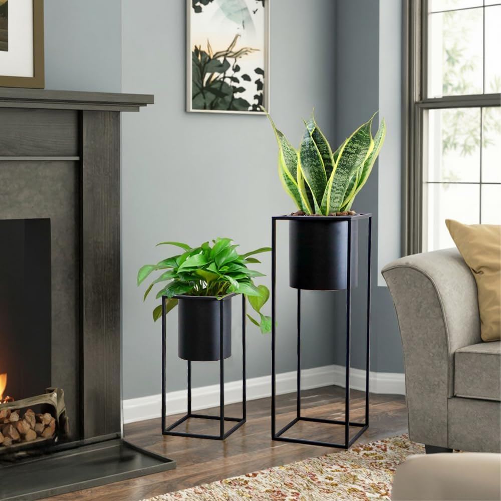 TRIROCKS Set of 2 Planters with Stand Indoor Otdoor Black Planters for Indoor Plants 28 &18" Tall Morden Planters Flower Pots for Living Room Corner Kitchen Office Garden Balcony Patio Decor(Black) image number 6