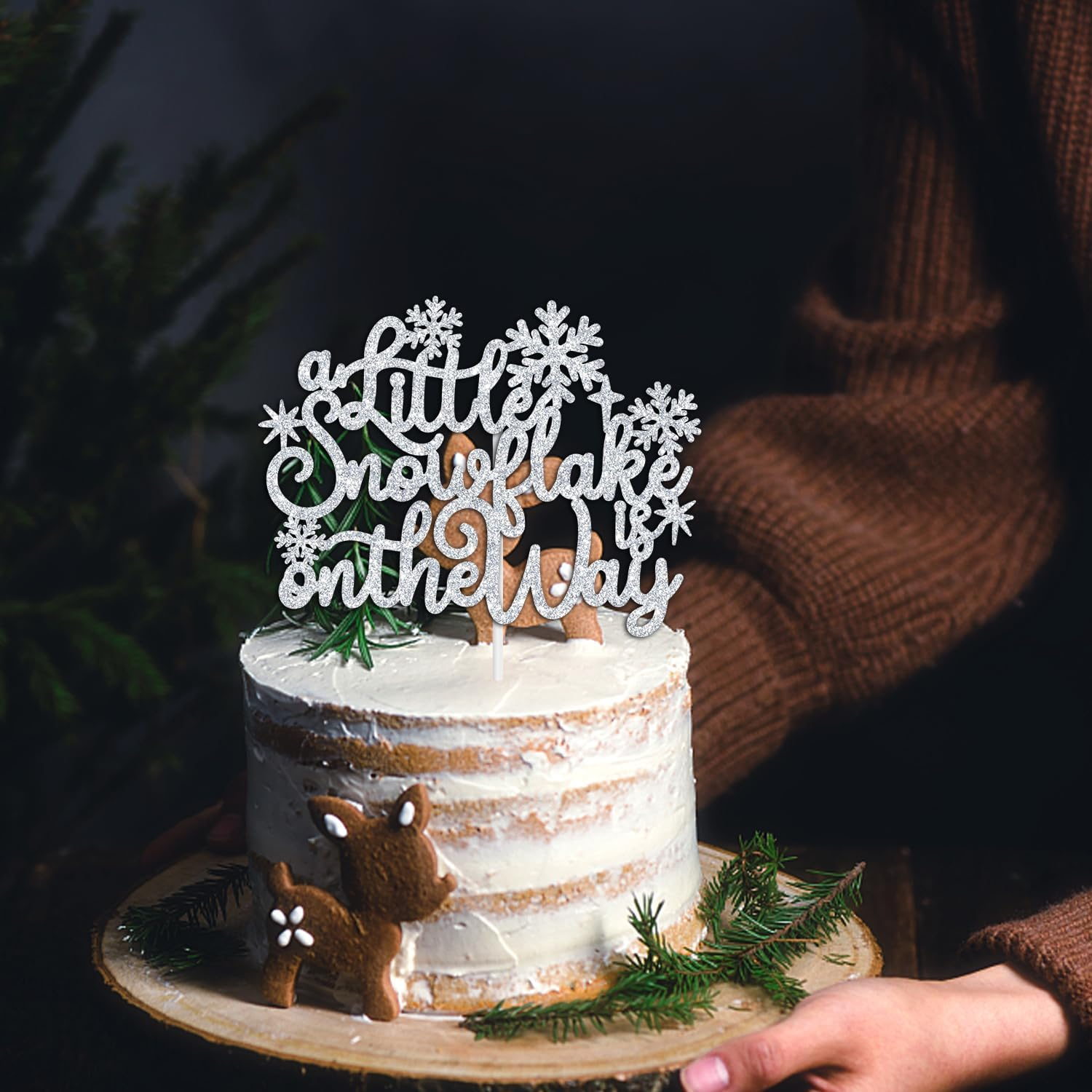 A Little Snowflake Is on the Way Cake Topper, Sweet Little Snowflake Christmas Cake Decor, Winter Wonderland Baby Shower/Gender Reveal Party Decorations Supplies for Boy or Girl, Silver Glitter image number 2