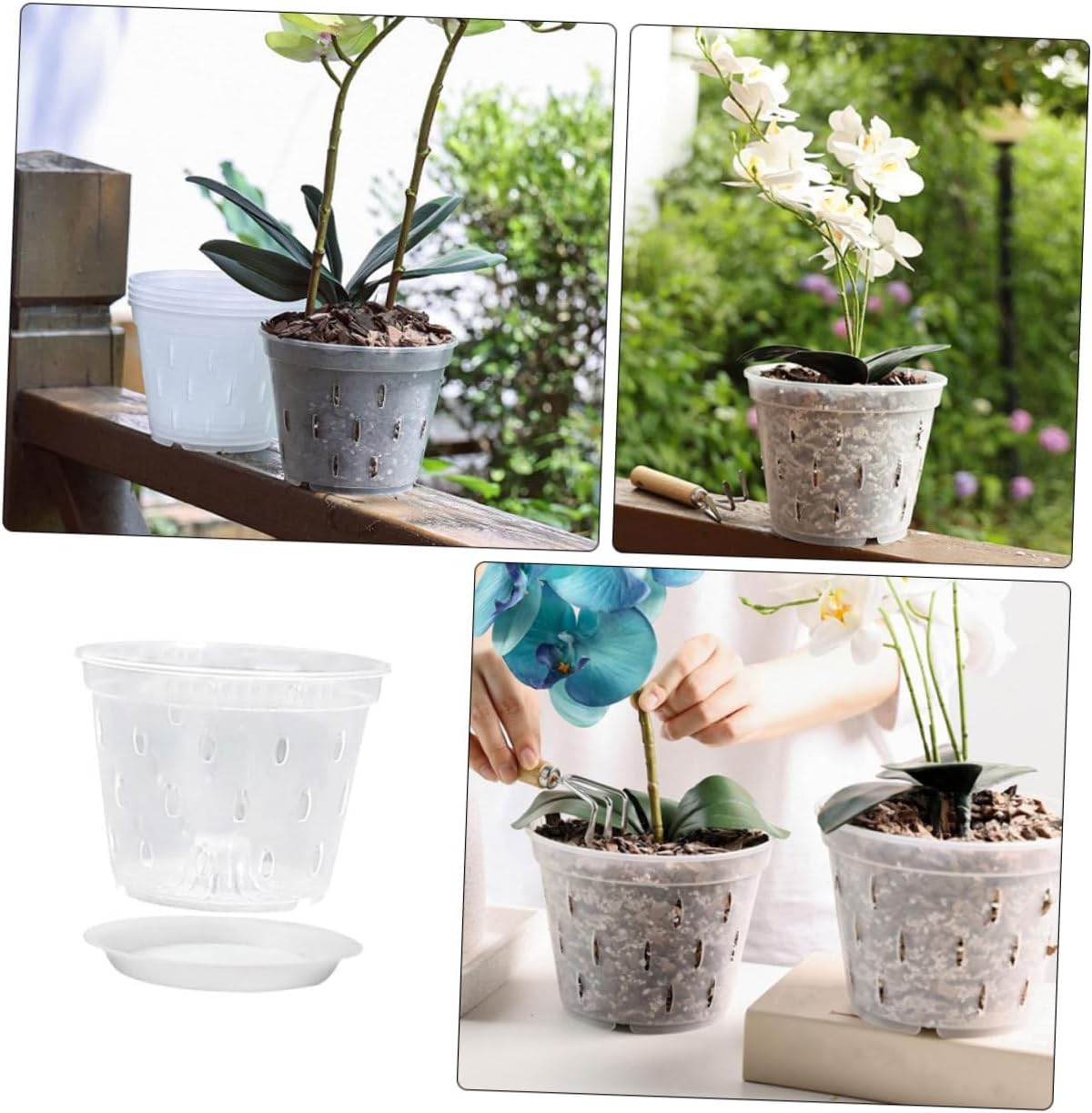 5Sets Clear Orchid Pots with Drainage and Saucers Breathable Slotted for Healthy Root Growth Transparent Flower Containers for Orchids and Outdoor Plants