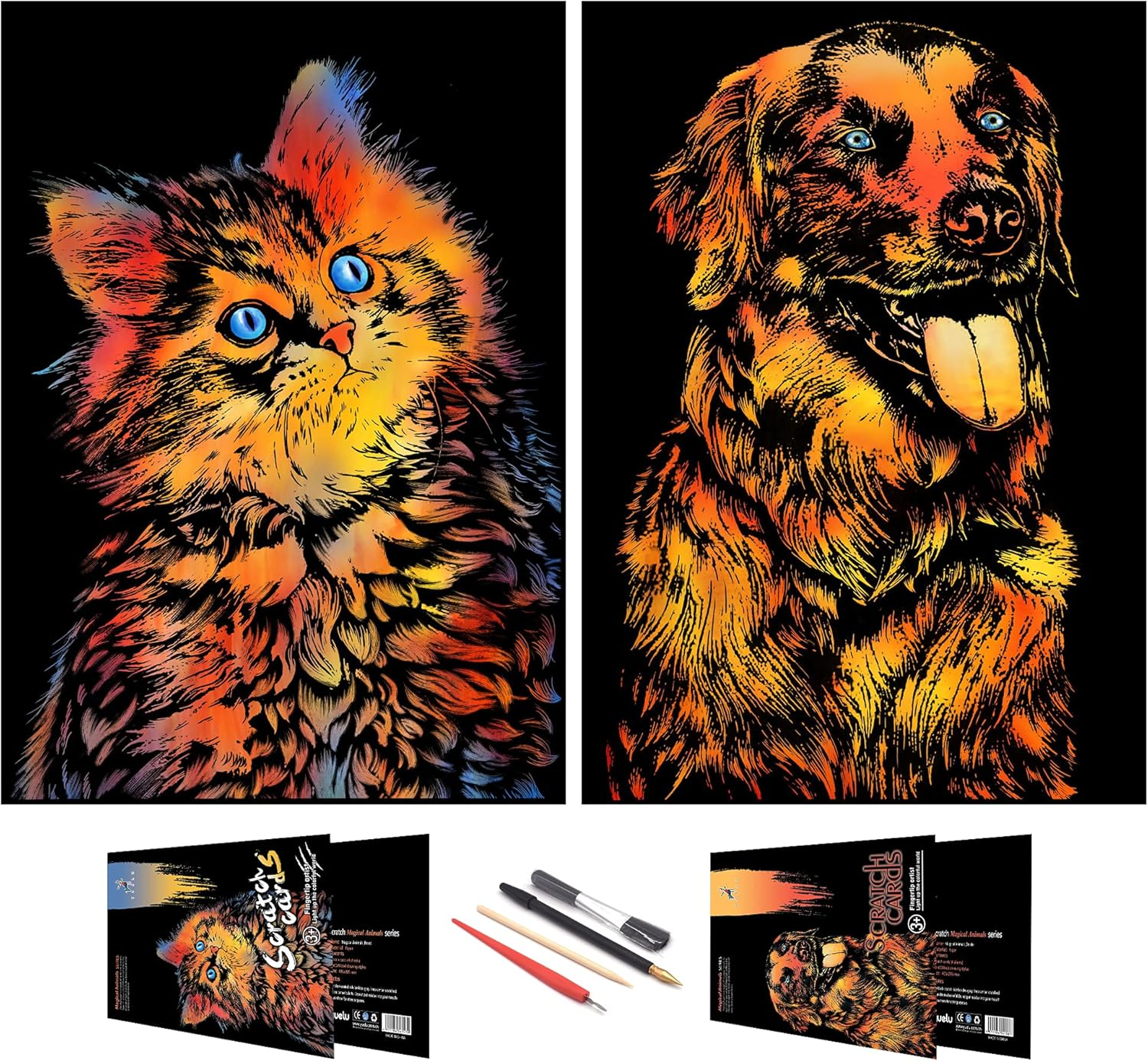 Scratch Rainbow Painting Art Paper,Scratch & Sketch Art for Kids & Adults,Animal Series Creative DIY Gifts&Arts Craft Kits with 4 Tools,16''X11''(Lion&Tiger)