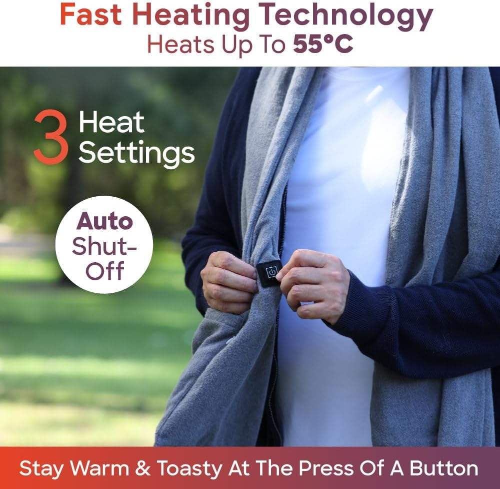 Sash & Bloom Heated Scarf Grey &ndash; Super-Soft and Stylish Portable, with Pockets, 3 Settings, Heats up to 55 Degrees, Auto-Off, for Sport Games, Camping, Hiking, Walking, Office, Home image number 4