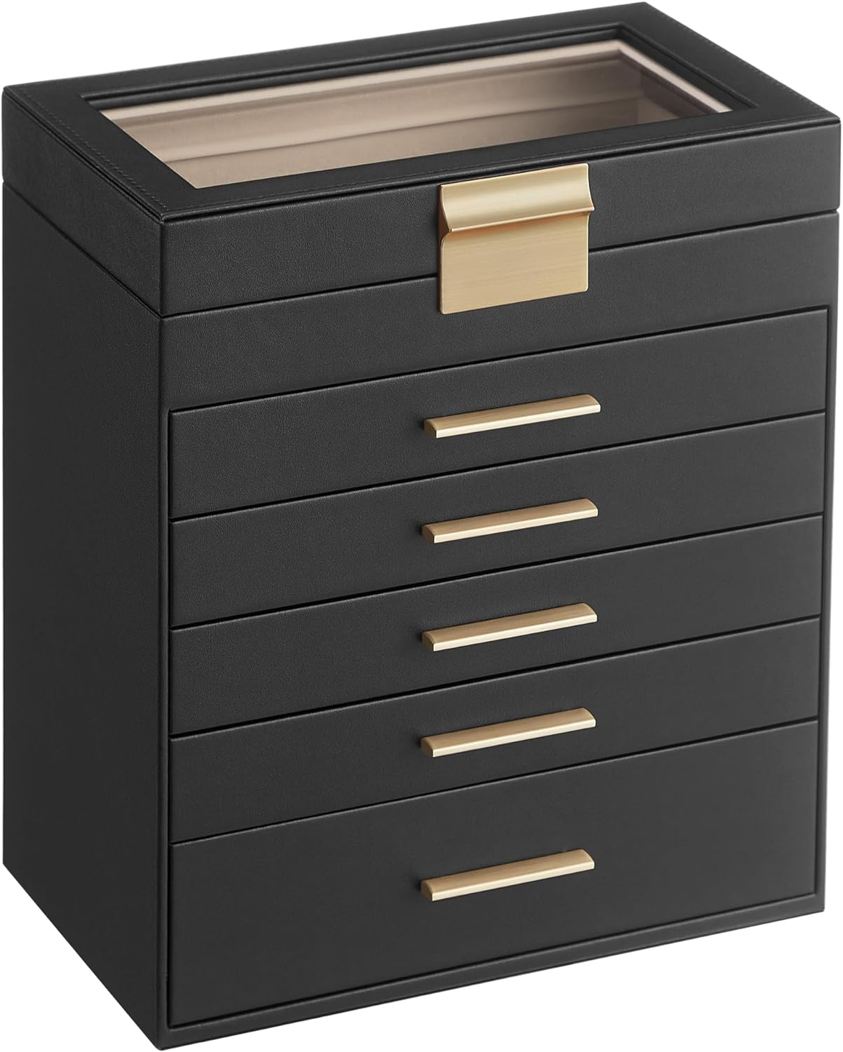 SONGMICS JBC171B01 6 Tier Jewellery Box with Glass Lid 5 Drawers Sunglasses Large Jewellery Storage Modern Graphite Black Gold