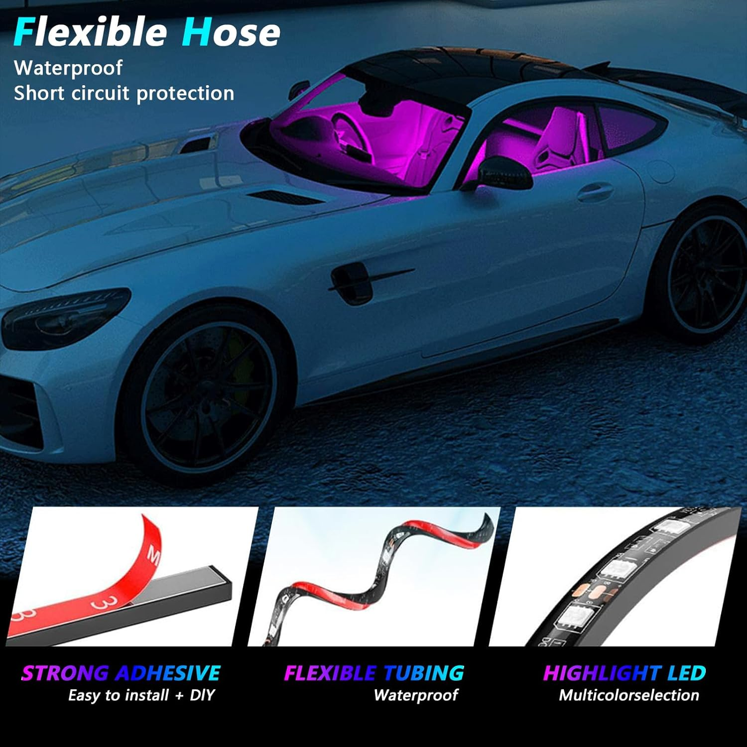 Car LED Lights Interior with Smart APP Control, 48 LED 12V Multicolor Music Car Interior Lights，With USB Port Light with Ambient Light，For Truck, SUV, Sedan image number 4