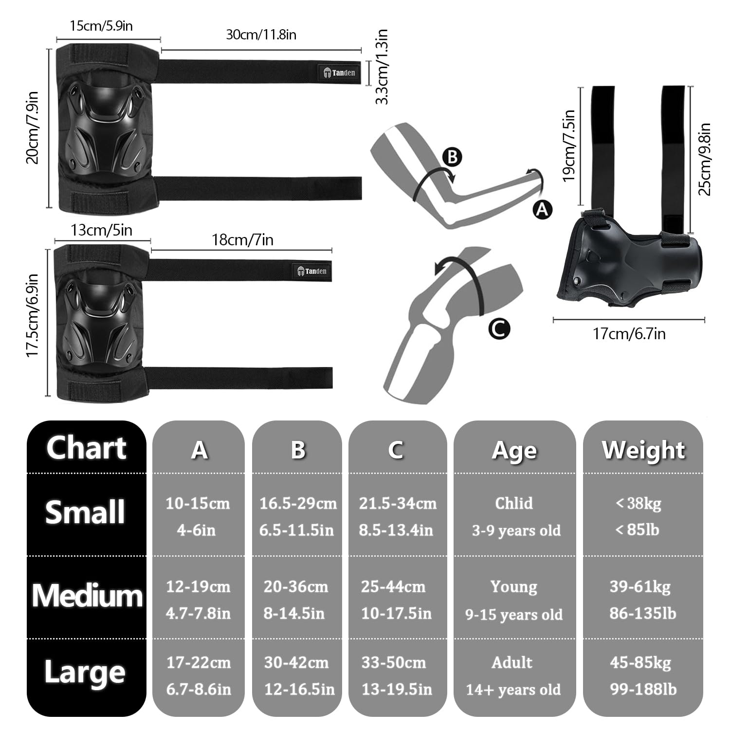 Tanden Skating Protective Gear Adult Knee and Elbow Pads Wrist Guards for Roller Skating Skateboarding, Skate Pads Adult Knee Pads for Men Women Black