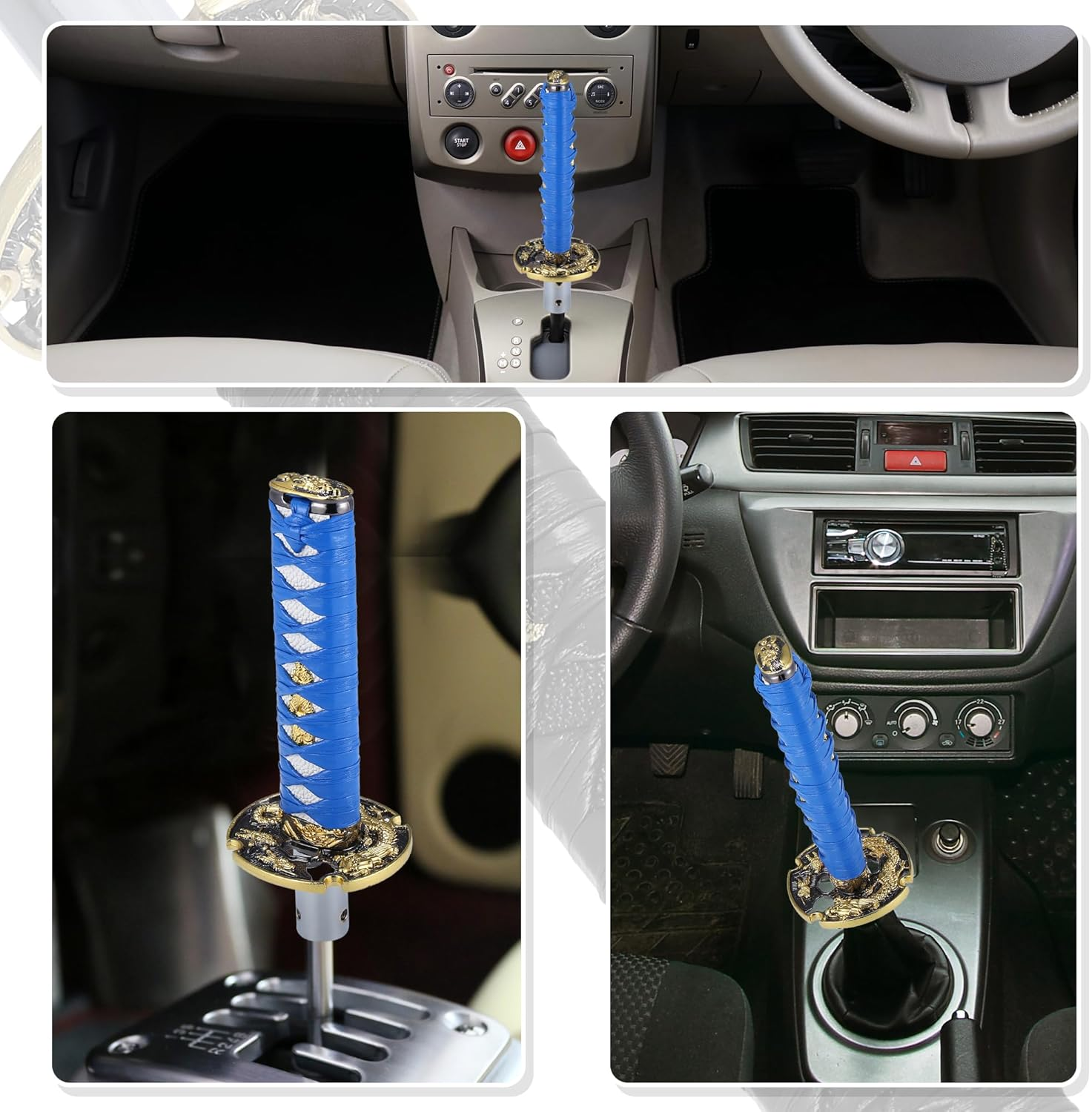 X AUTOHAUX 15Cm Samurai Sword Gear Shifter Lever Katana Shift Knob Classic Braided Pattern for Manual Automatic Shifter Blue White image number 6