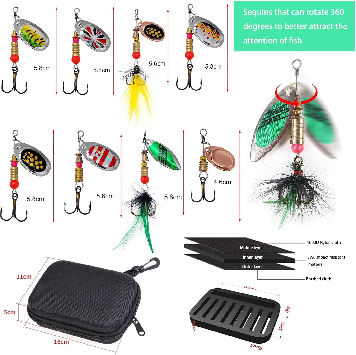 Naturezhen Spinner Fishing Lures, Trout Baits Fishing Tackle, Triple Fishing Hooks for Freshwater Fishing with Portable Carry Bag, Hard Metal Spinner Baits for Bass Trout Salmon 16Pcs image number 2