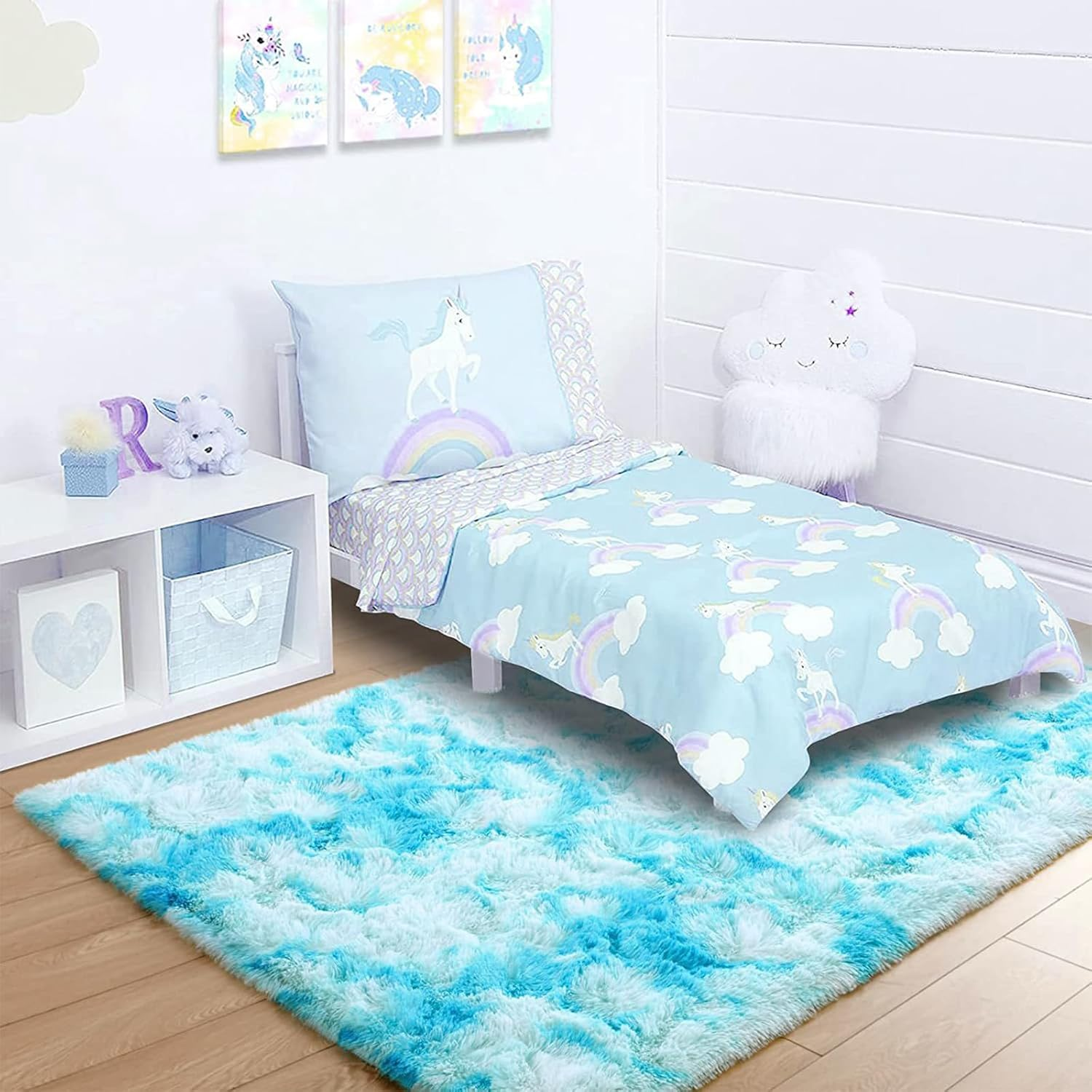 Fluffy Rainbow Rugs for Girls Bedroom, Shag Colorful Rectangle Area Rug for Living Room, Soft Fuzzy Anti-Slip Carpets for Child, Cute Kids Playmats for Home Decor (Blue, 100 * 160Cm) image number 6