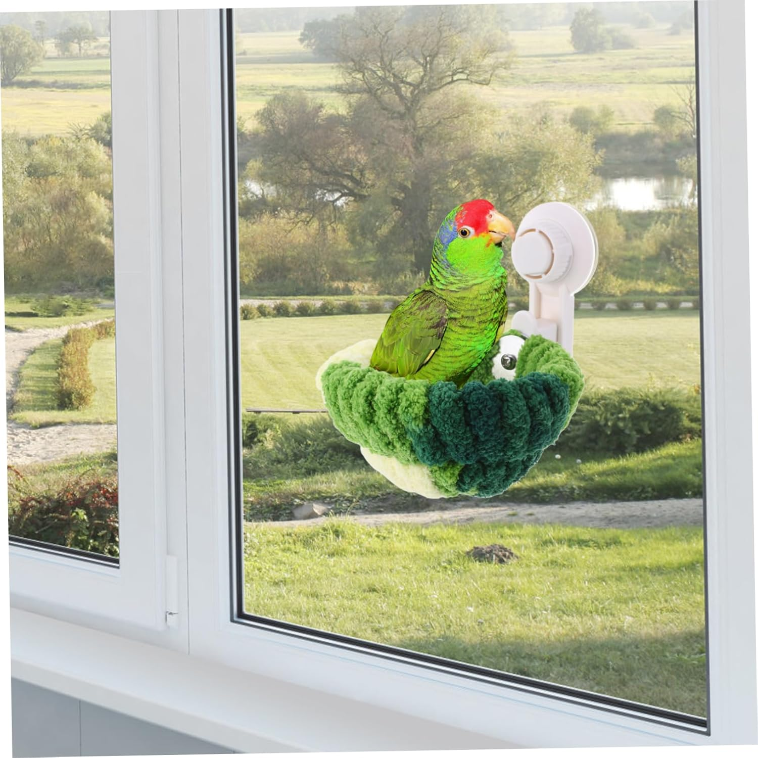 Generic Parrot Nest Little Bird Birdies Bird Nest with Suction Cup for Car Window Car Window Glass Bird Nest Plush Bird House for Cage Bird Snuggle Hut Winter Warm Bird Nest Metal Green image number 4