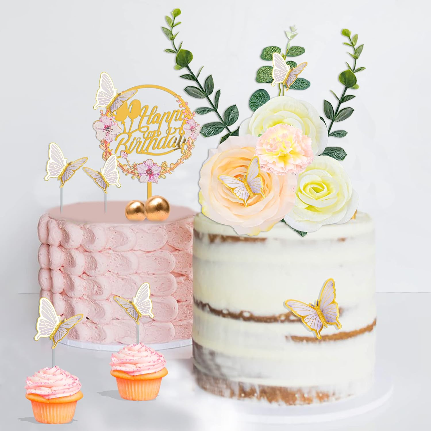 28Pcs 3D Butterfly Flower Cake Toppers Rose Flowers Acrylic Happy Birthday Cake Topper Carnation Flowers Colorful Balls Eucalyptus Leaves Cake Decorations for Birthday Party Wedding Baby Shower Supplies