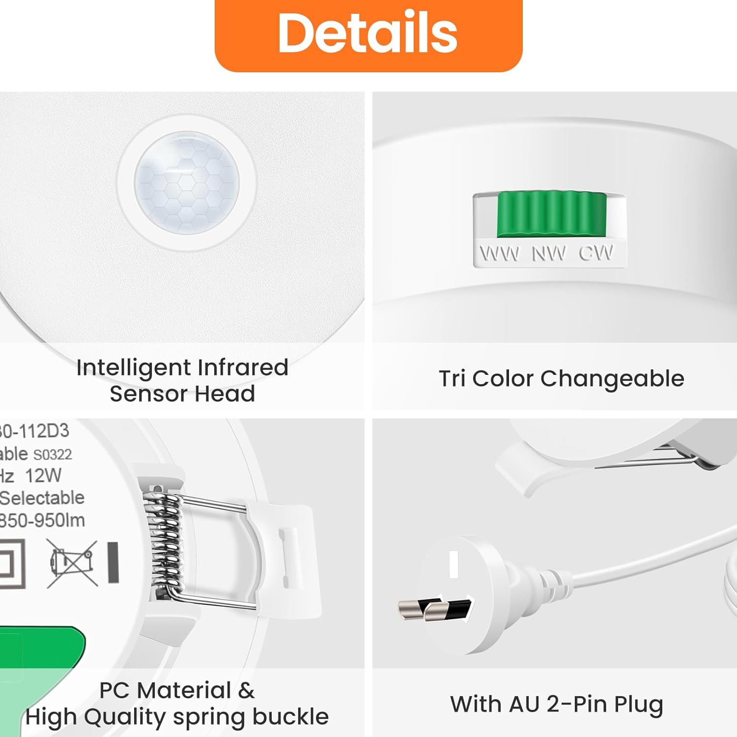 ALUSSO 12W LED Motion Sensor Downlight,3Cct 3000K 4000K 6500K 90-100Mm Cutout,Ip44 Suitable for Stairway Corridor Balcony,1 Pcs,White image number 4