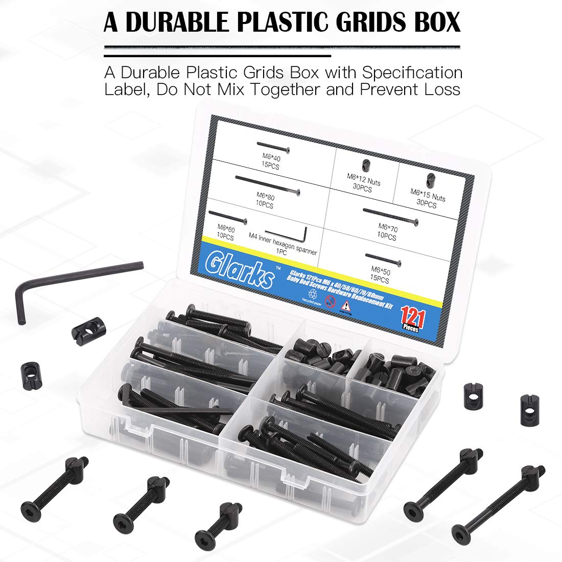 Glarks 120Pcs M6X40/50/60/70/80Mm Black Hex Socket Cap Bolt Screws and Barrel Nut Assortment Kit with a Allen Wrench for Crib Baby Bed Cots Furniture