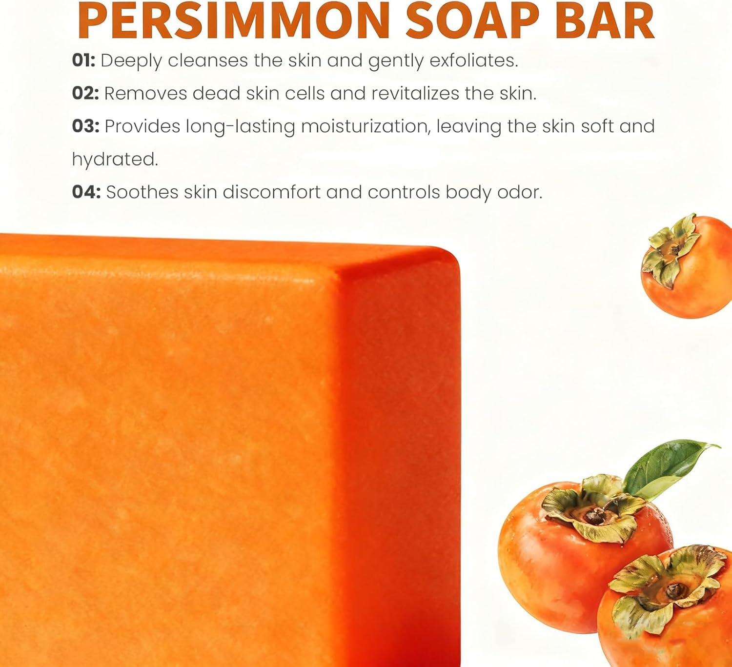 Persimmon Soap Bar for Body Odour Removal, Deodorant Bath Soap for Men & Women, Cleansing & Moisturising Face & Body, Exfoliating Bars with Persimmon & Honey, Light Scent for Smooth Skin (6Pcs) - 2Pcs image number 4