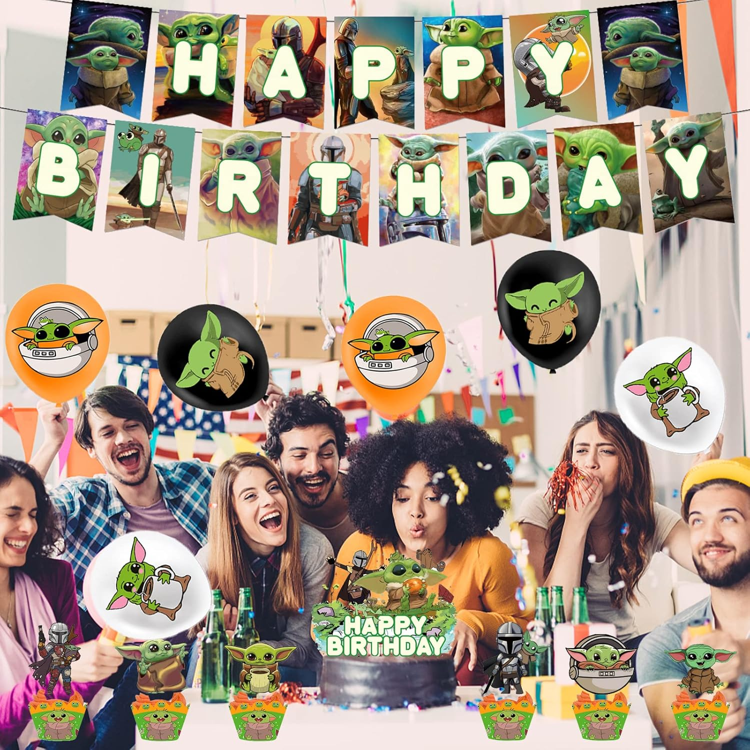 Dinoeye Baby Yoda Party Supplies Star Wars Birthday Decoration 18Pcs Balloons, 1Pcs Banner, 13Pcs Cake Toppers Green Cartoon image number 1