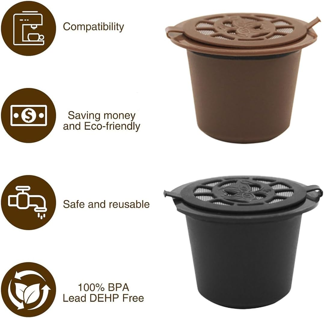 AIMALL 6PCS Reusable Coffee Capsule Pods for Nespresso Machines, Compatible with Nestle Nespresso, Food-Grade PP with 304 Stainless Steel Filter, Includes Spoon & Brush - Brown image number 2
