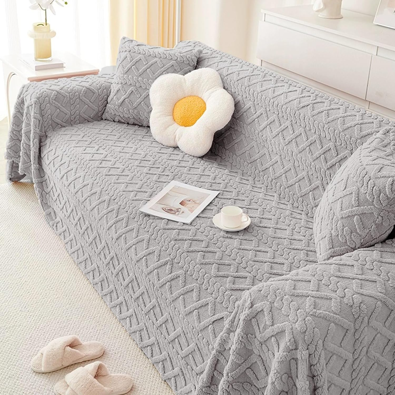 Ksriylm Light Grey Fluffy Sofa Covers Chenille Couch Covers for 3 Cute Couch Cushion Covers Pet Protector Winter Couchcover Loveseat Cover Multi-Functional Throwcover, 180 * 300CM(71" X118")