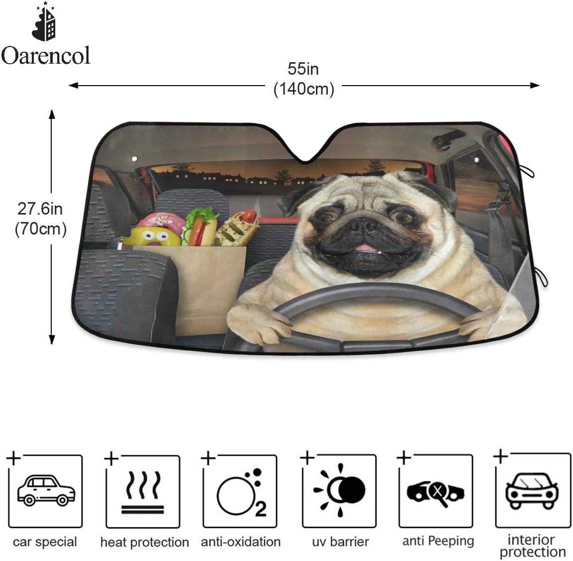 Fun Pug Dog Driving Car Windshield Sun Shade Foldable UV Ray Sun Visor Protector Sunshade to Keep Your Vehicle Cool (55" X 27.6") image number 3
