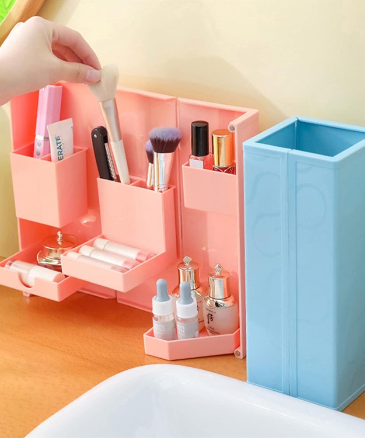 Mini Storage Box Large Capacity Cosmetic Box Cute Stylish Desktop Accessory Storage Korea (PINK) - Blue image number 2