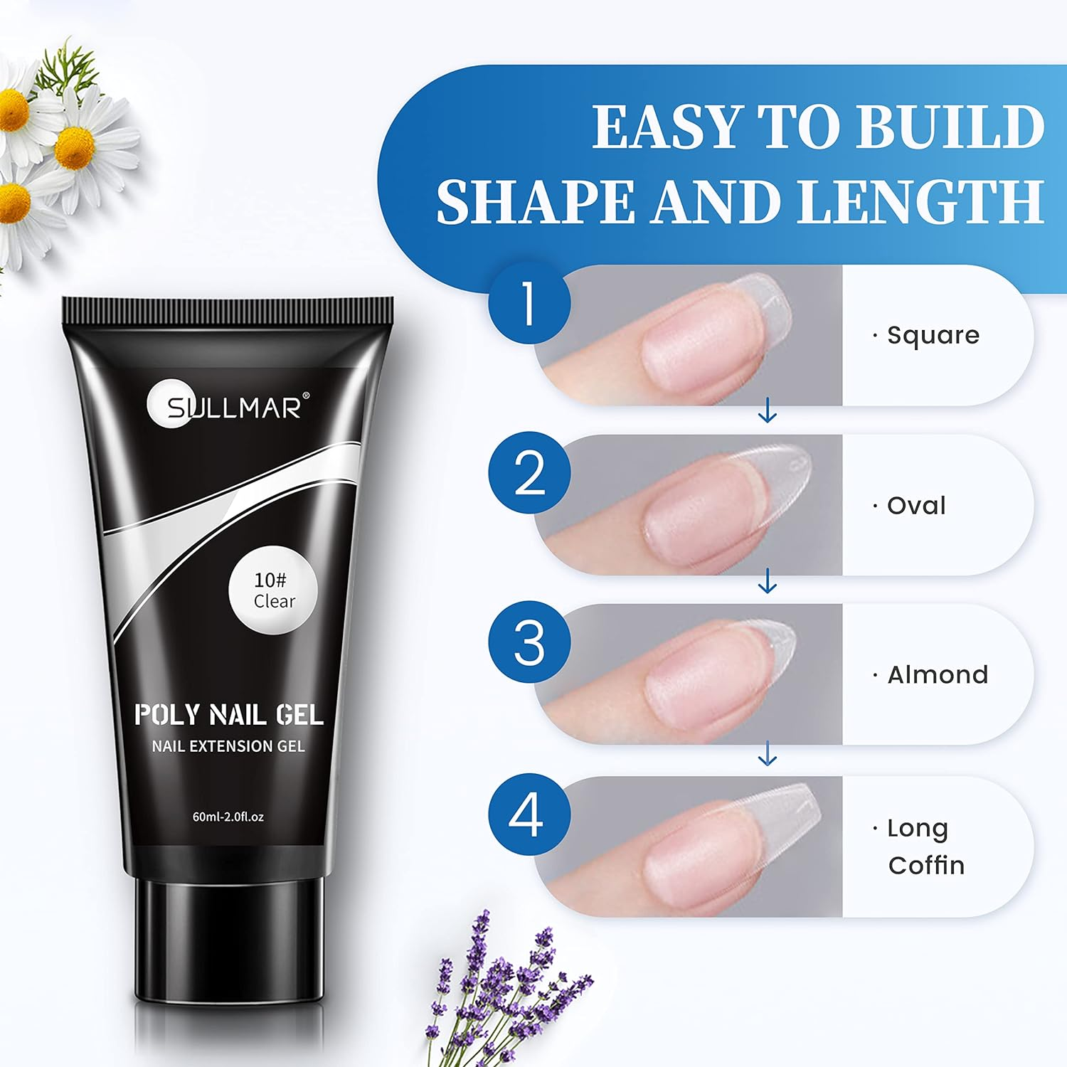 SULLMAR Clear Poly Nail Gel Kit-60Ml/2Fl.Oz Clear Poly Nail Gel Kit,All-In-One Set Nail Extension Gel Nail Kit with Slip Solution Dual Form Nail Brush and Glass Cup,Nail Art Design for Beginners - Clear image number 5