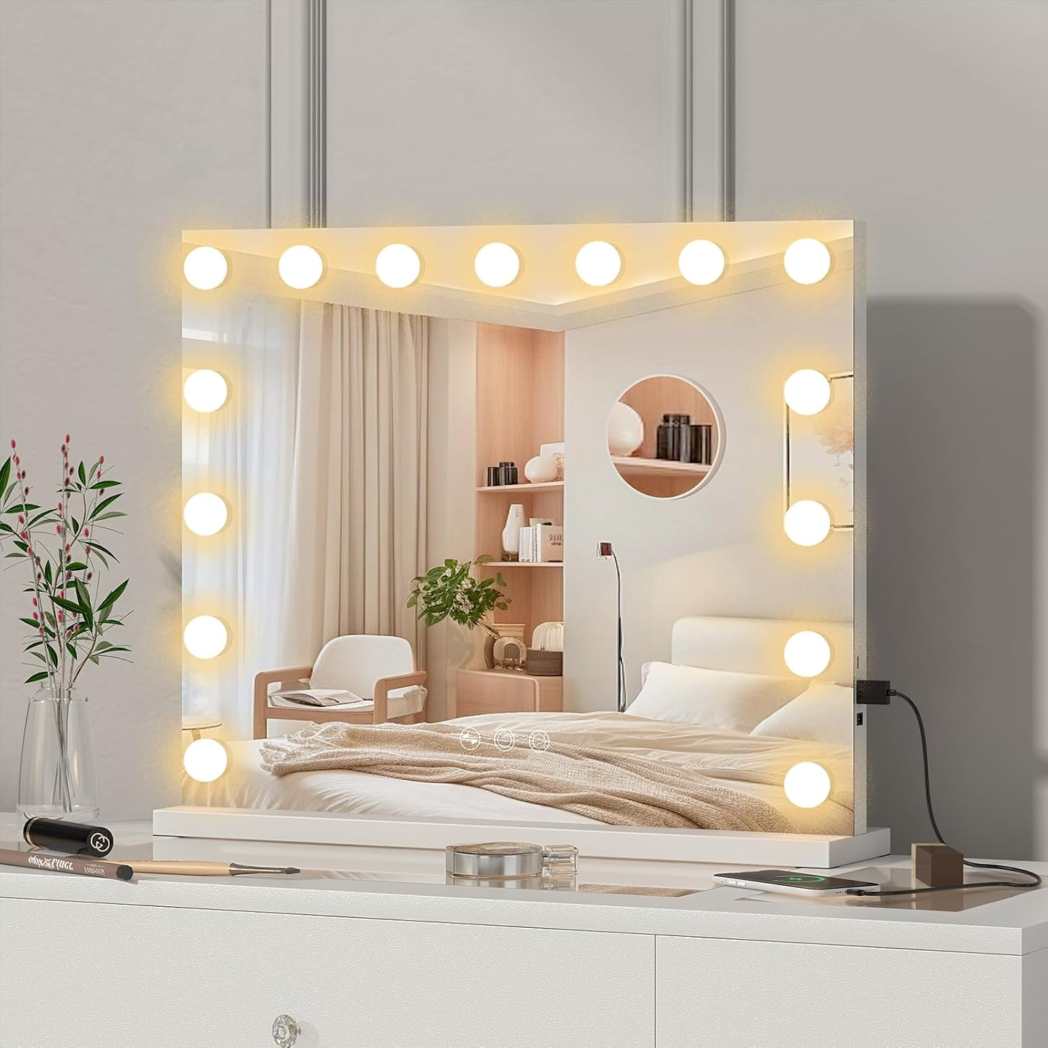 Advwin Lighted Vanity Mirror, 3-Color Dimmable LED & Touch Control - Large Makeup Mirror for Dressing Room with 5X Magnification Mirror Tabletop or Wall-Mounted, White