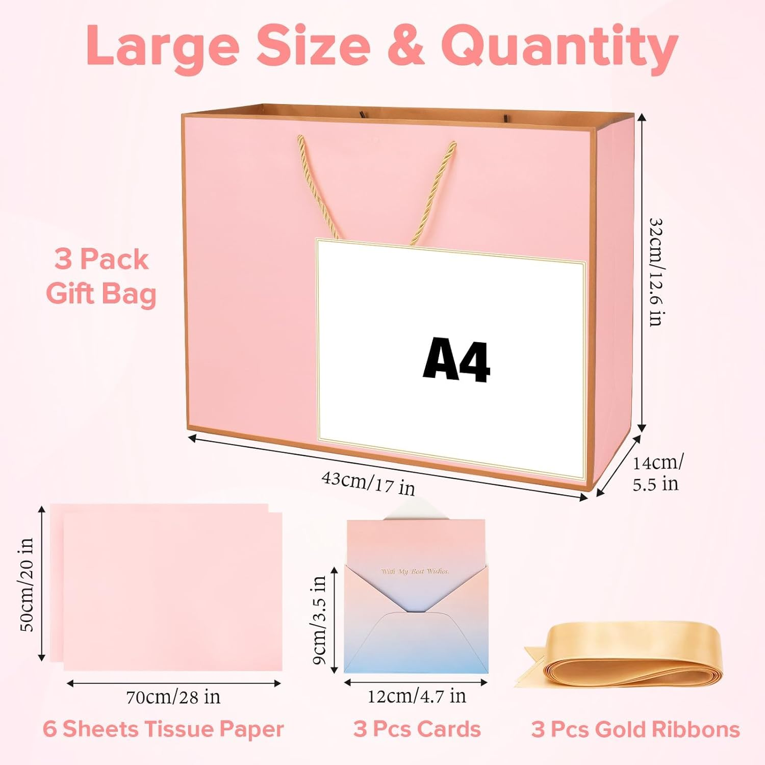Oundarm 3 Pack 43 X 32 X 14CM Extra Large Bow Pink Gold Gift Bags with Greeting Cards＆Tissue Paper, Large Gift Bags for Presents with Handles for Mothers Day Valentines Day Bridesmaid Wedding Birthday image number 3