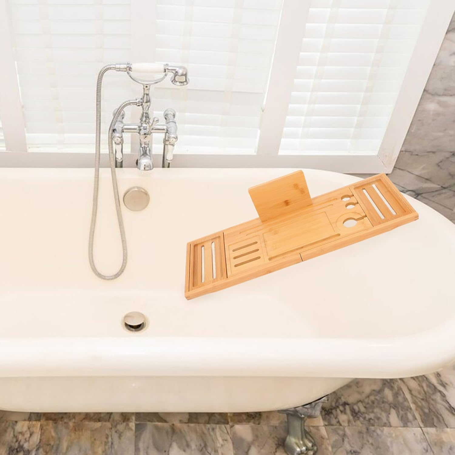 HOODANCOS Expandable Bamboo Bathtub Tray Organizer with Adjustable Multifunctional Bath Shelf for Soap Shampoo and Accessories Storage Elegant Bathroom Storage Rack for Various Tub image number 1