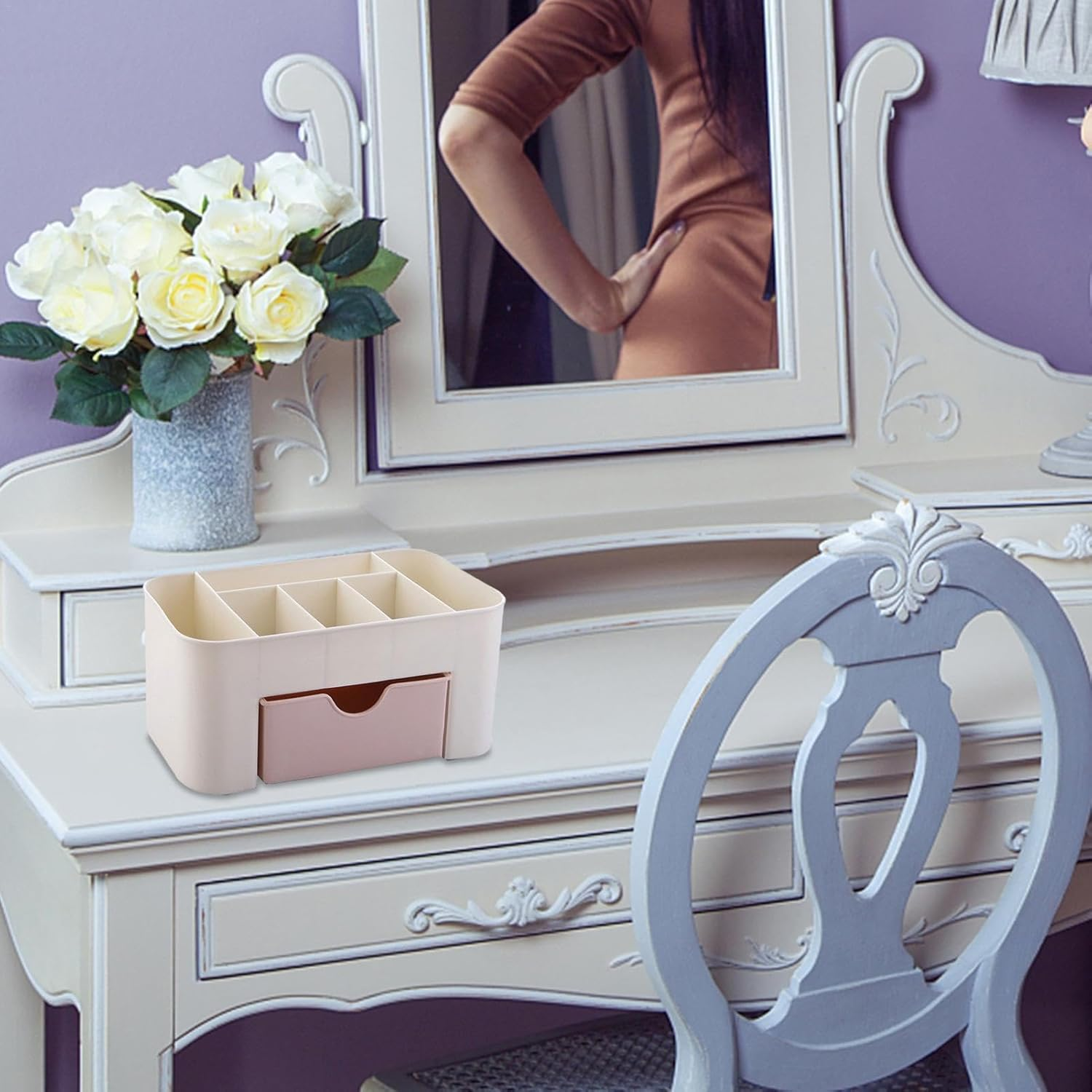 Makeup Organiser - Makeup Storage Box, Cosmetic Storage Organiser | Cosmetic Brush Holder Desk Organiser, Cosmetic Storage Box Drawer Type, Vanity Organiser for Cosmetics, Lipsticks, Jewellery, Pink, - Green image number 6