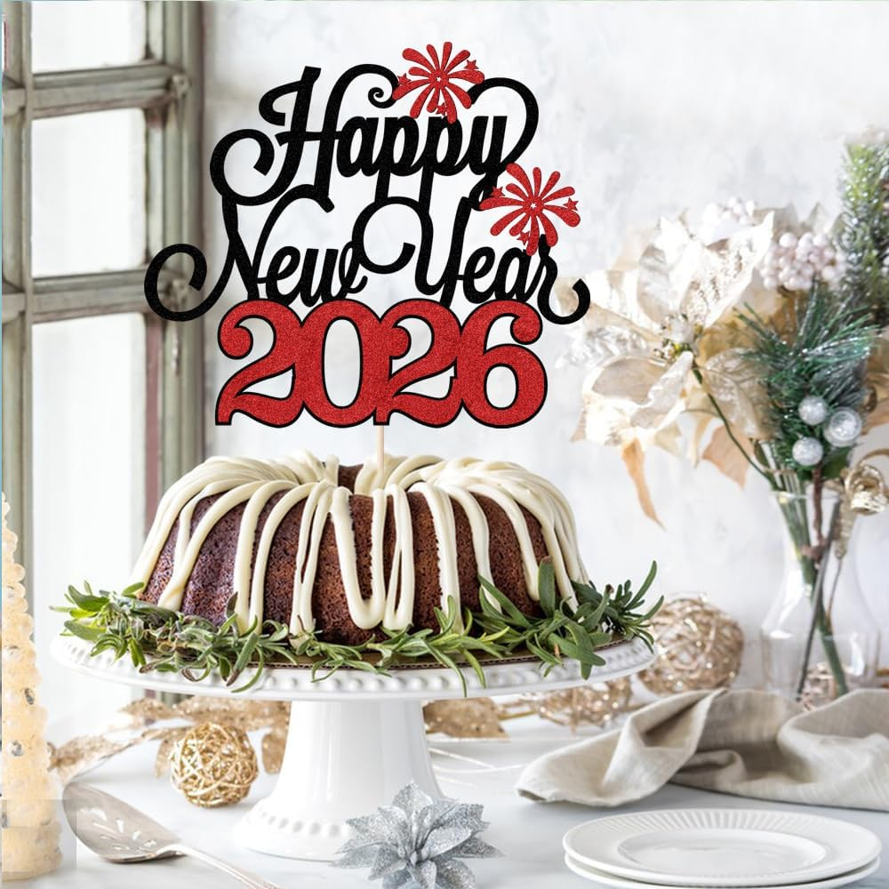 Happy New Year Cake Topper，Welcome 2024 Cake Topper，New Years Eve Party Supplies 2024,New Year Christmas Holiday Party Decorations,Winter Holiday Cake Picks-New Year Party Supplies(Black) - Red image number 5