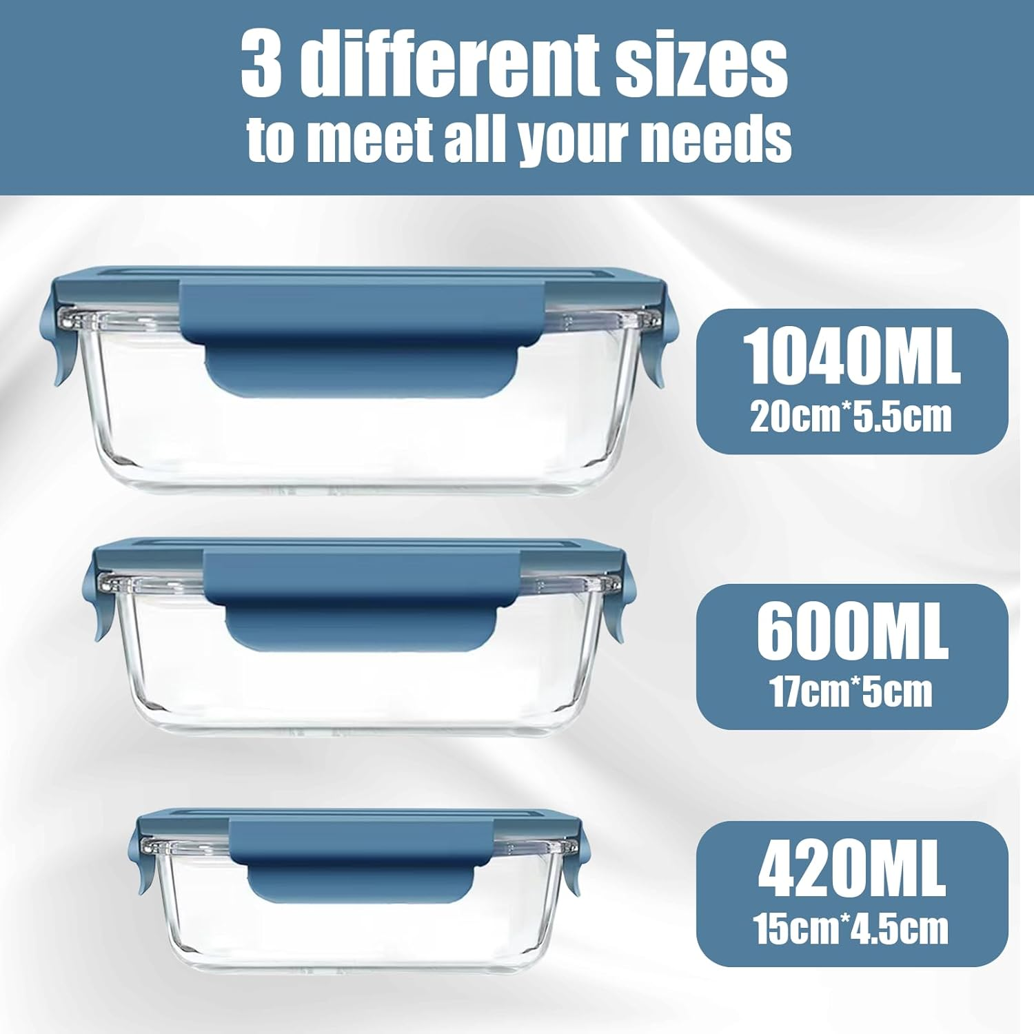 Glass Food Storage Containers 5 Pack,Three Sizes Glass Meal Prep Containers with Snap Lock Leakproof Lids,Lunch Box for Microwave,Freezer,Oven and Dishwasher