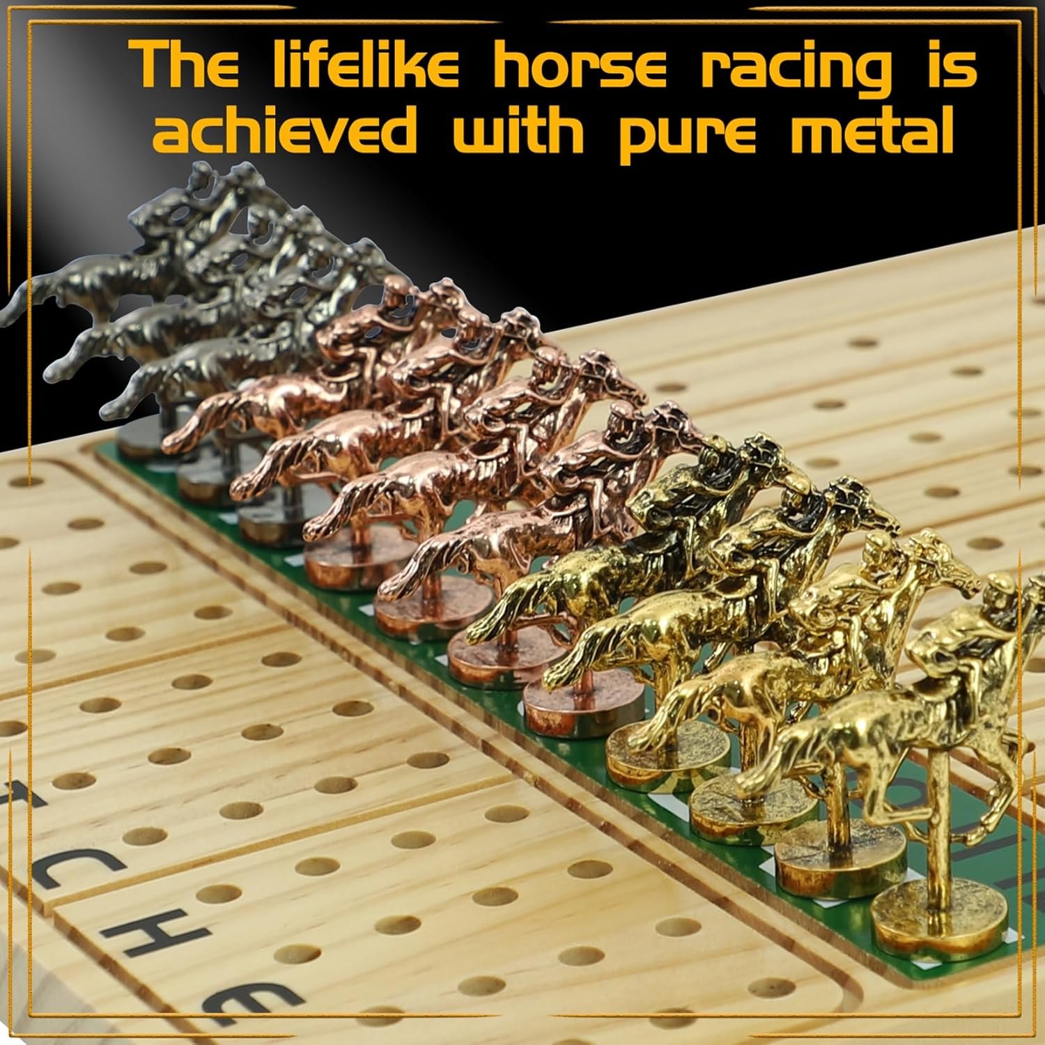 Horse Racing Board Game Solid Wood with 11 Luxury Metal Horses Thickened Pine Finish LINE Race Game Chessboard Including 2 Sets of Dice and 2 Boxes of Cards(Log Color) image number 5