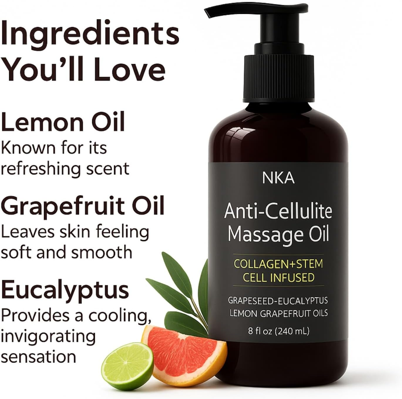 Anti-Cellulite Massage Oil &ndash; Collagen & Botanical Blend with Grapeseed, Eucalyptus, Lemon and Grapefruit Oils &ndash; Moisturising Body Oil for Smooth, Soft Skin &ndash; 240 Ml Pump Bottle image number 1