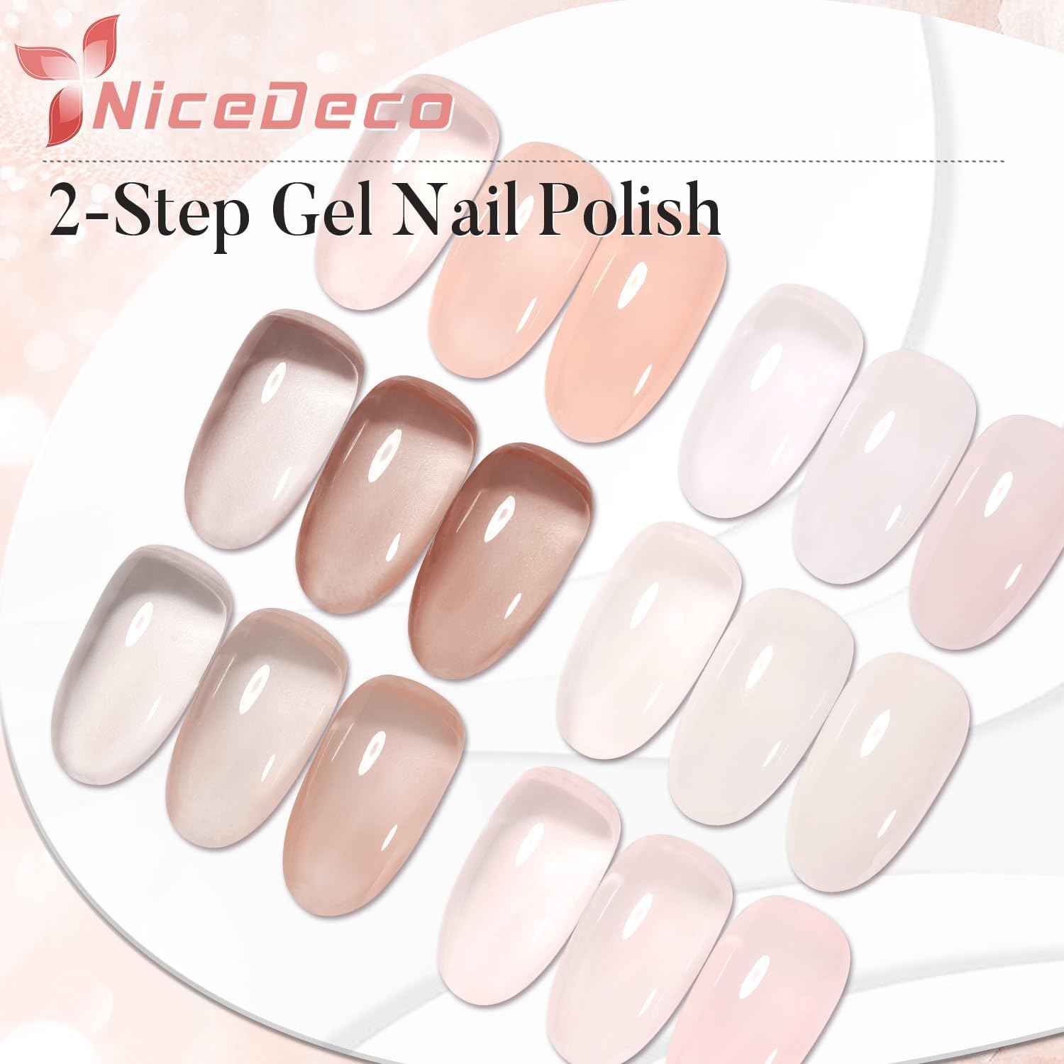 Nicedeco 2-Step Gel Nail Polish, Hema Free, Cruelty Free, High Gloss Long Lasting Soak off LED U V Gel Polish 6 Pcs 5Ml Kit 48