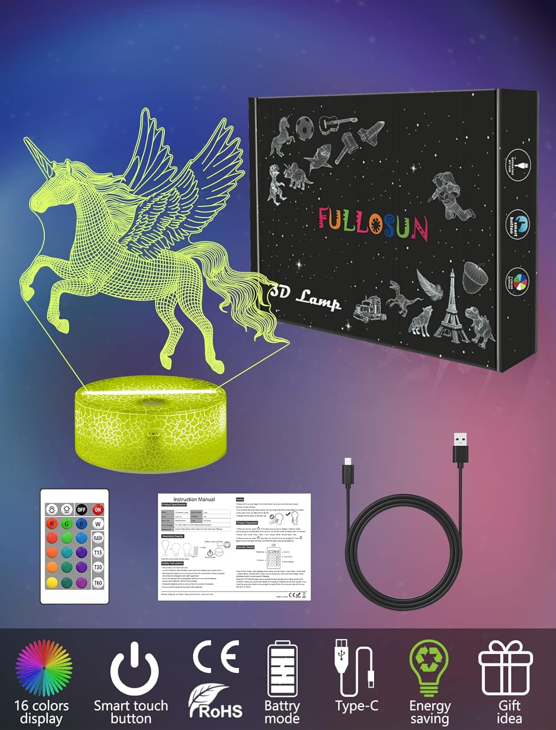 FULLOSUN Unicorn Night Light for Girl, Unicorn Girl Lamp 3D Illusion,16 Colors Changing Remote Control Nightlight, Fairy Room Decor Birthday Xmas Gift to Girl Kid Daughter image number 1