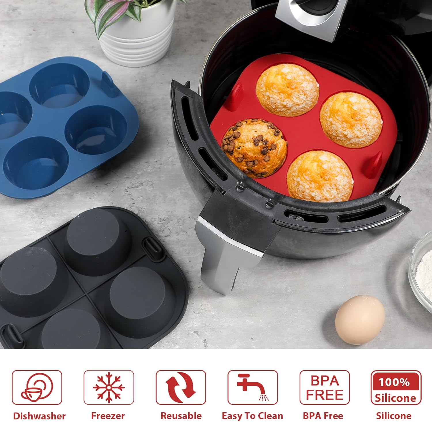 Webake 3PCS Silicone Air Fryer Muffin Pan for Baking 4 Cavity Air Fryer Cupcake Pans Non Stick Food Grade and BPA Free Muffin Tins Baking Cups