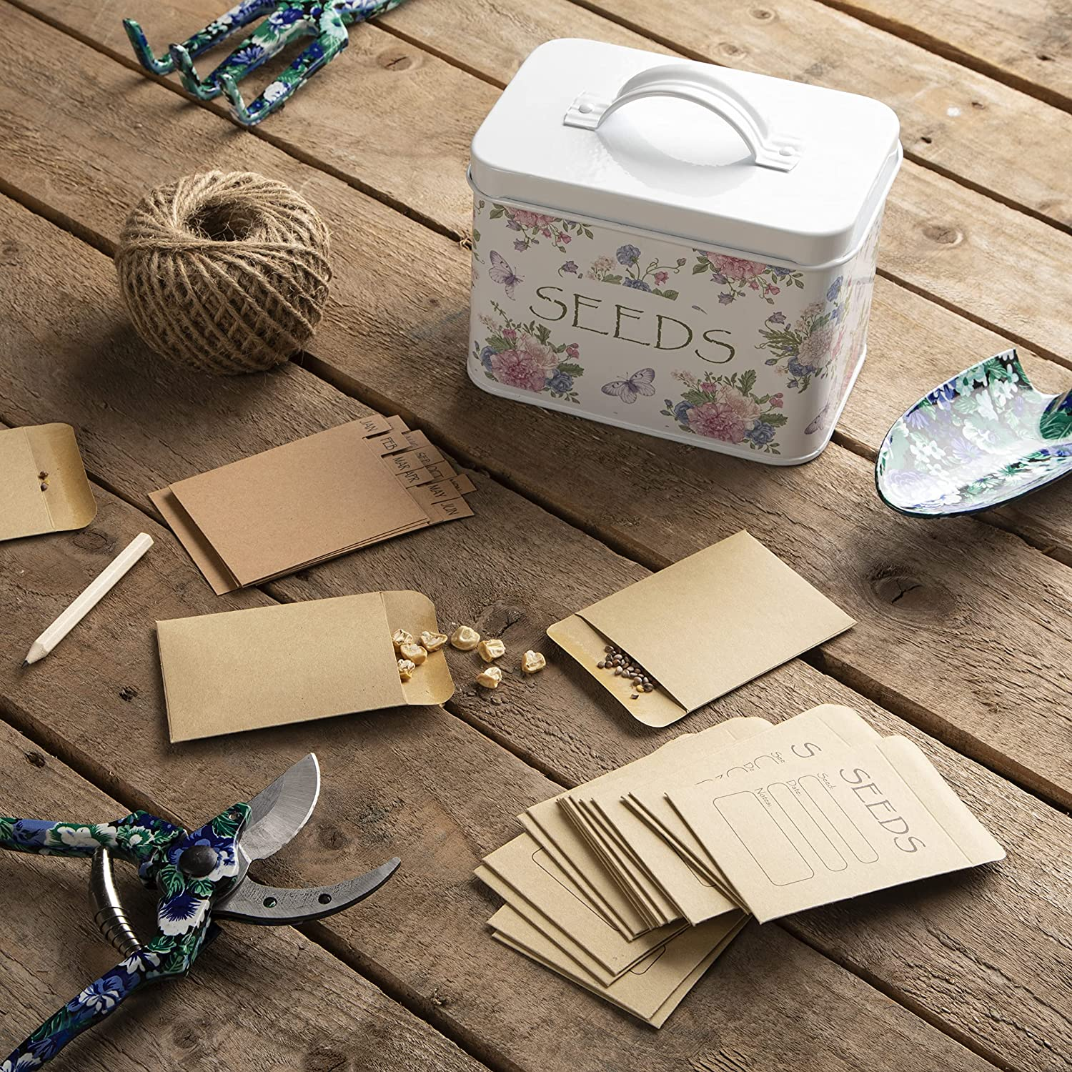 Katai Seed Storage Box &ndash; Durable Metal Seed Organizer Storage Box for Gardeners, Complete Seed Packet Storage Box with Lid, Monthly Dividers, 20 Envelopes & Pencil, Compact Seed Saver, Floral image number 6