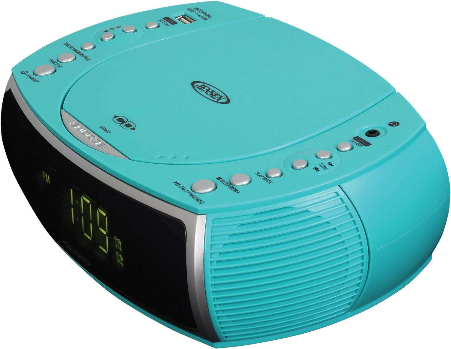 Jensen Turquoise Modern Home CD Tabletop Stereo Clock Digital AM/FM Radio CD Player Dual Alarm Clock Stereo CD Top-Loading Disc Player | USB Charging Port DV 5V 800Ma | Headphone Jack | 0.9 Display image number 1