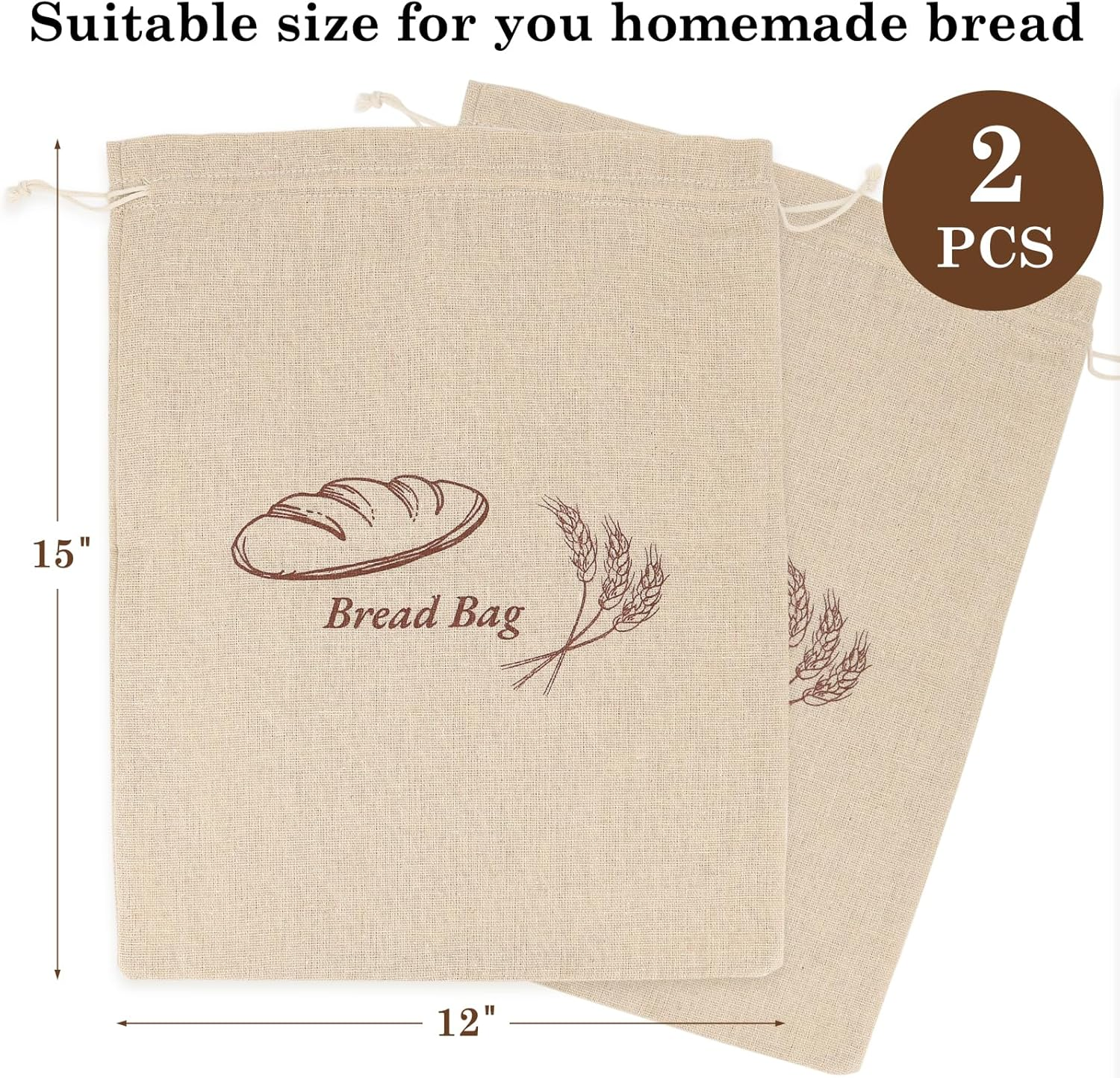 QUYANGCHIFENG 2Pcs Linen Bread Bags for Homemade Bread - Reusable Sourdough Bread Storage with Plastic Inner Lining, Durable Bread Keeper for Fresh Bread, Gifts for Home Bakers - 12"X15" image number 3