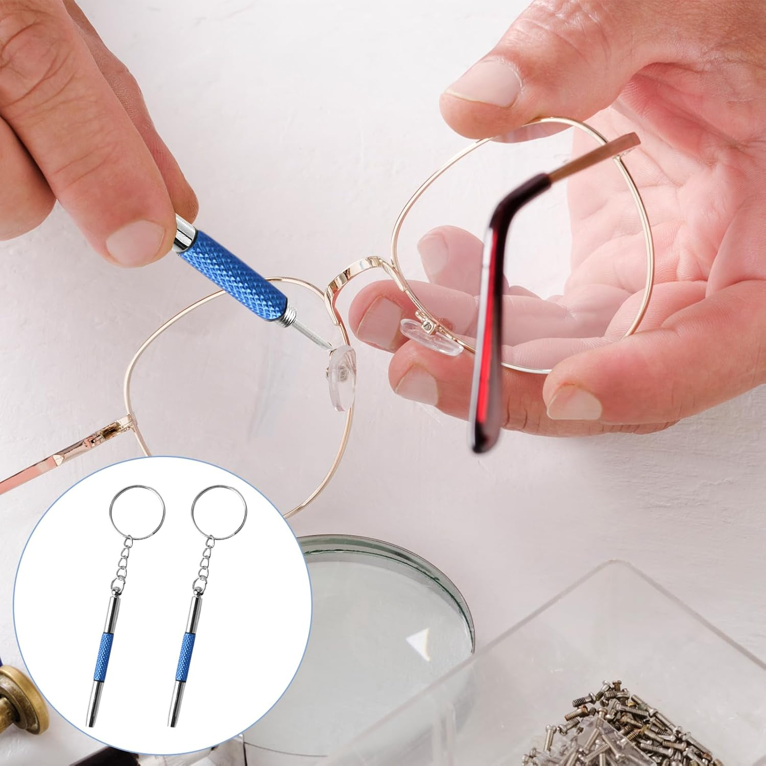 2 Pcs Precision Screwdriver Eyeglass Repair Kit, 3-In-1 Mini Screwdriver Set with Keyring for Glasses, Watches, Electronics & Small Devices, Compact & Portable (Blue) image number 1