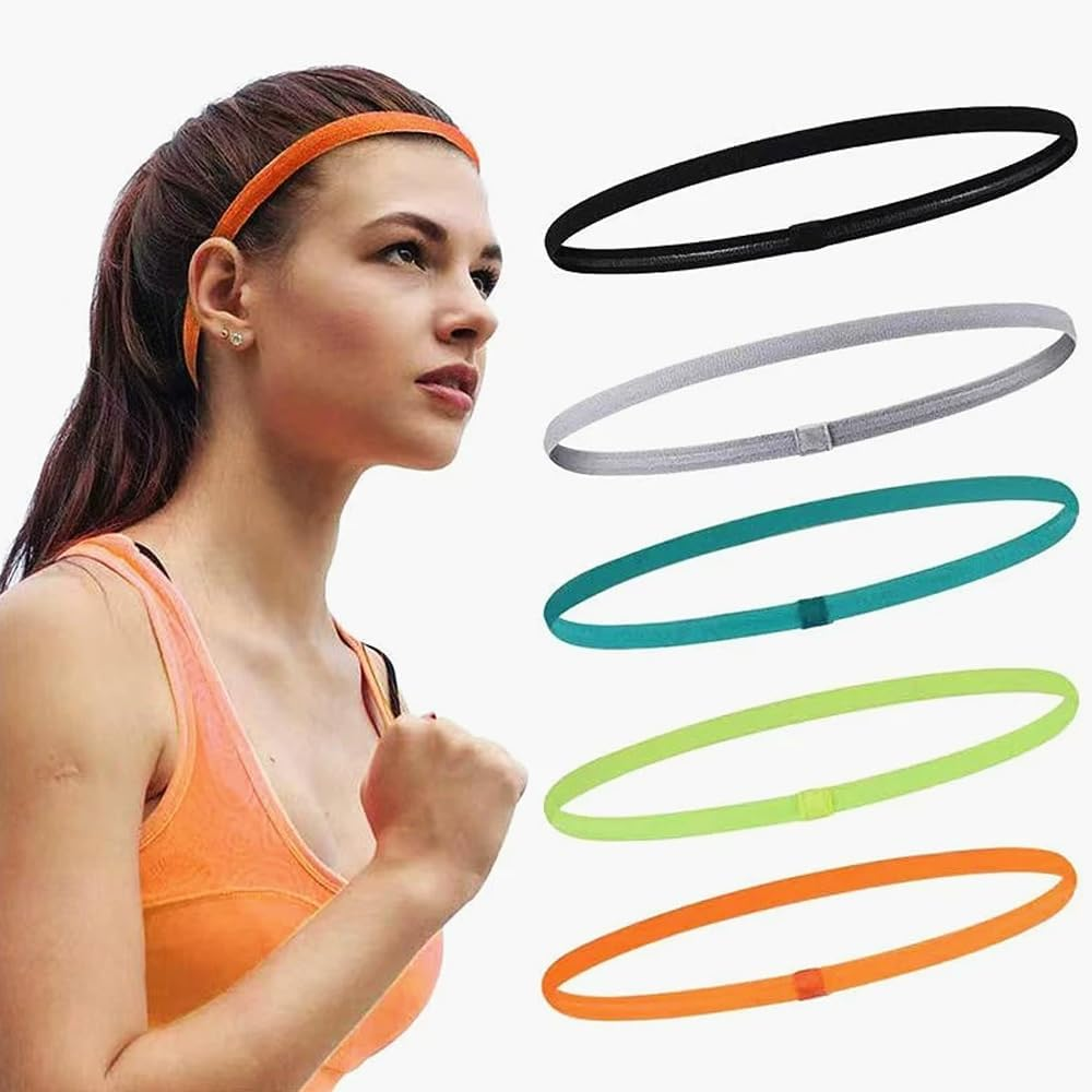 5Pcs Thin Elastic Headbands, Non-Slip Sport Hair Bands, Sports Stretchy Headband Workout Headbands for Women Colorful Elastic Sport Head Bands for Men(6 Colors) image number 6