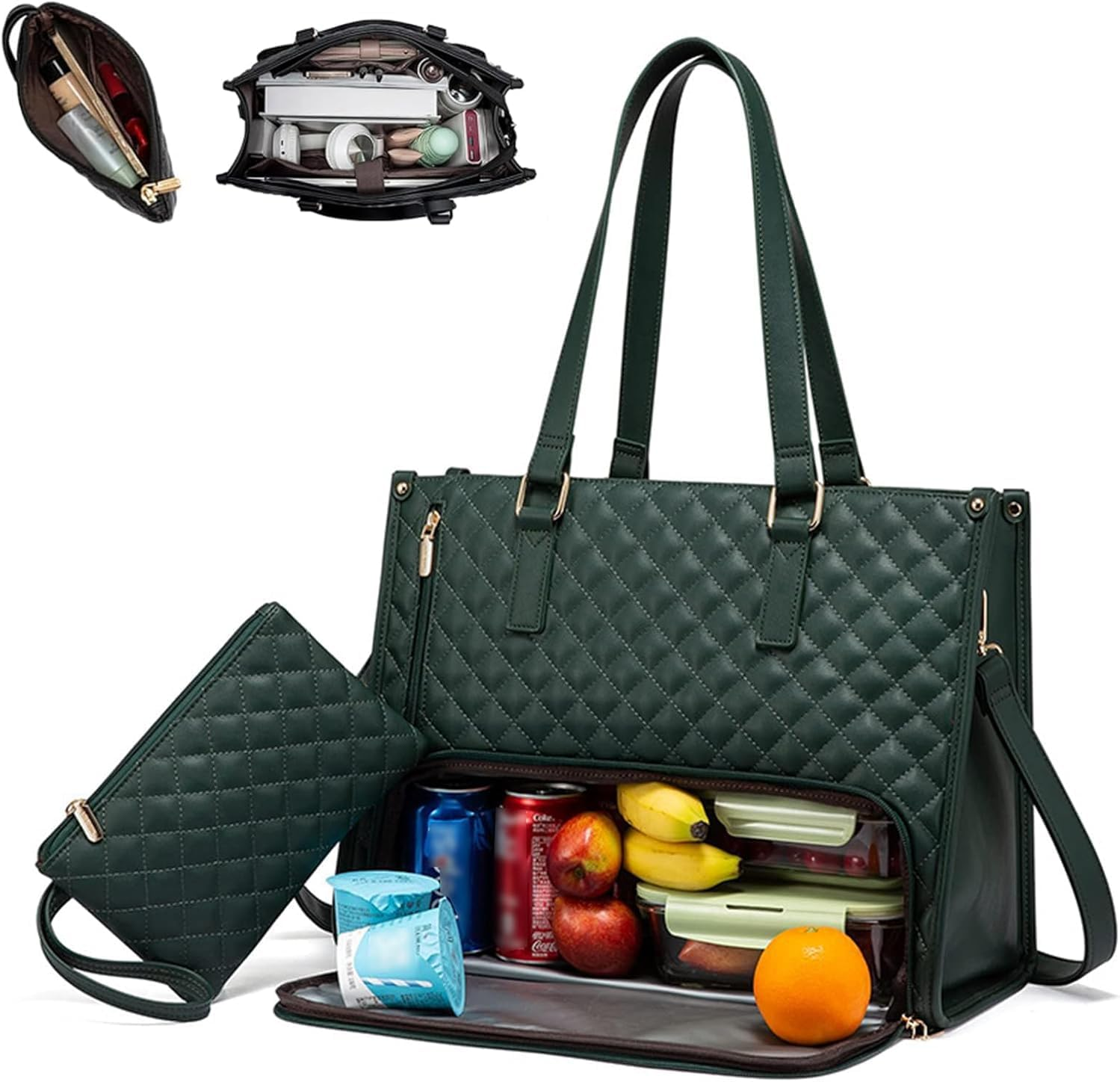 Insulated Lunch Tote Bag for Women with Wallet &ndash; Stylish Work Tote Bag with Leakproof Compartment &ndash; Quilted Lunch Bag for Office, Travel, or Picnic &ndash; Large Capacity Lunch Box Bag
