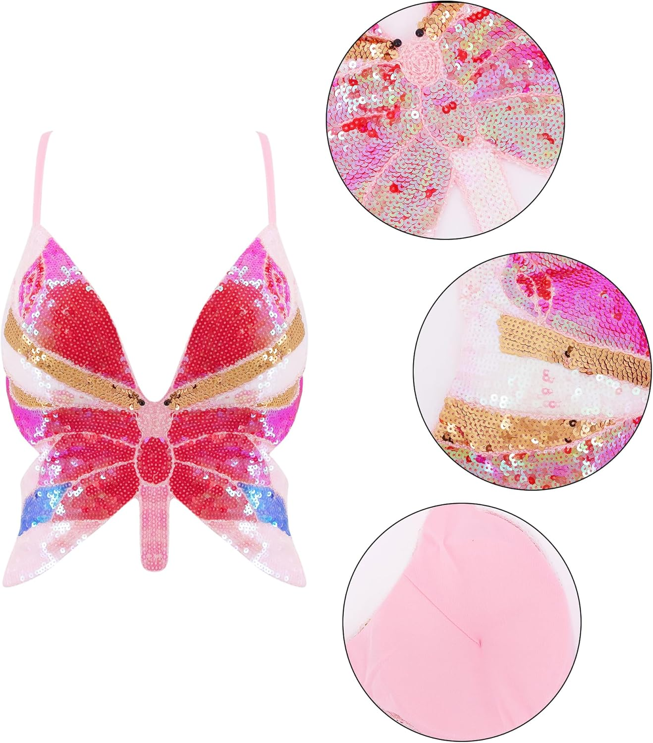 Monanoat Women&rsquo;S Sexy Butterfly Shape Sequin Crop Top Bandage Lace up Tank Top Belly Dance Top Costume Outfits - A Pink Mix image number 3