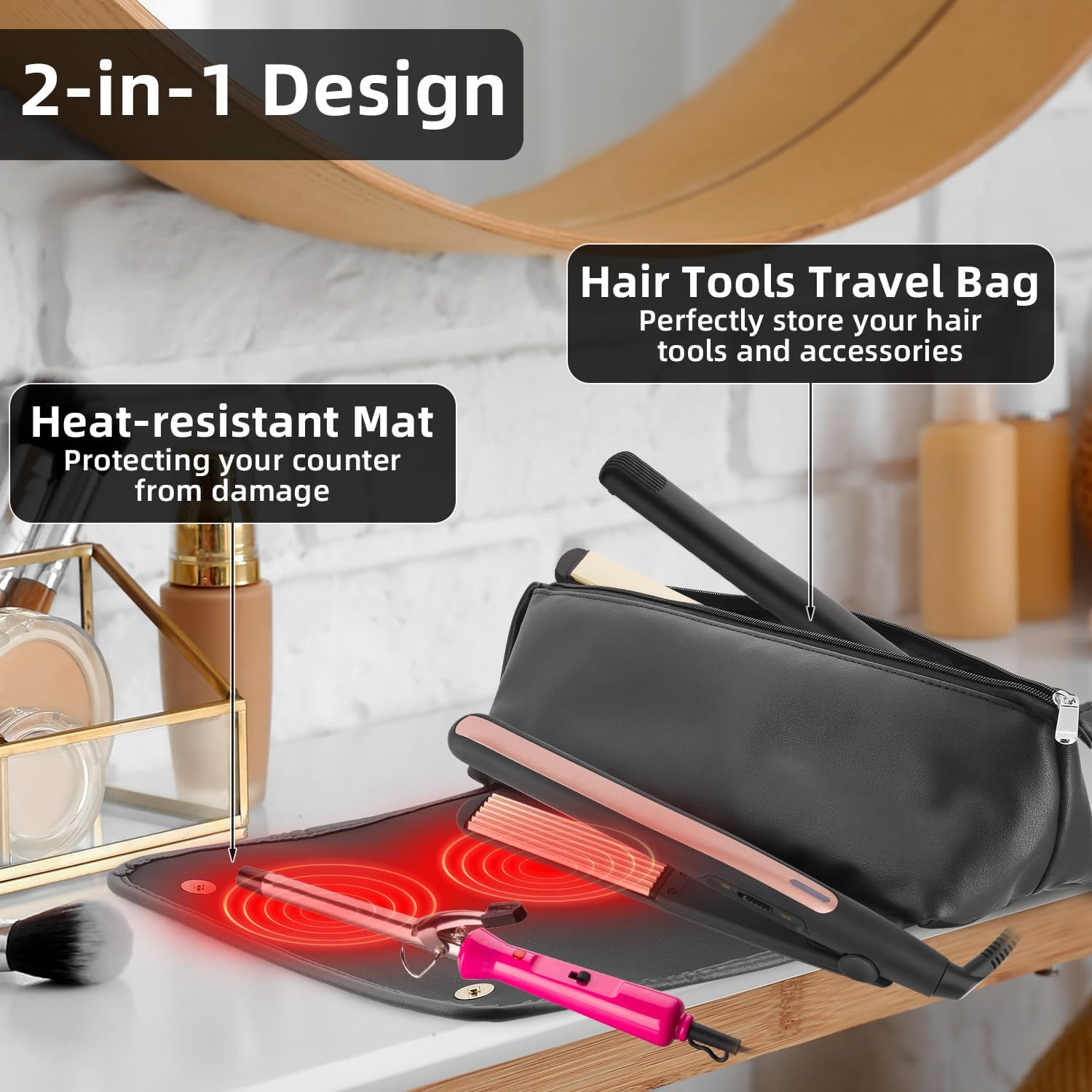 Buwico Travel Hair Tools Bag, Hair Tools Travel Case and Heat Resistant Mat for Flat Irons, Curling Iron, Haircare Accessories, 2-In-1 Design Curling Iron Travel Bag for Dyson Airstrait (Black) image number 3