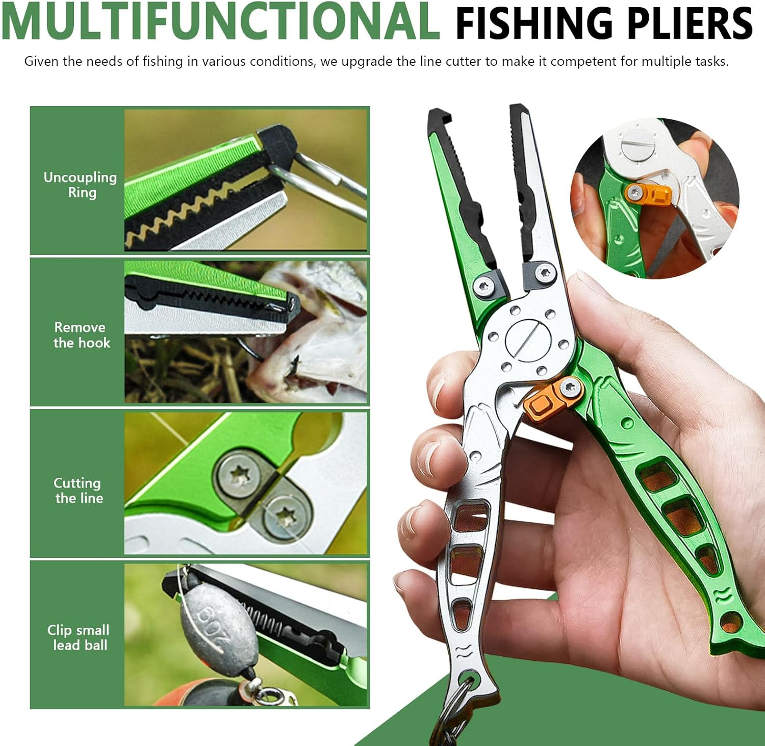 Fishing Pliers, Multi-Function Split Ring Pliers, Fish Hook Remover with Safety Lock, Fishing Gears with Sheath and Lanyard, Fishing Tool Gifts for Men image number 1
