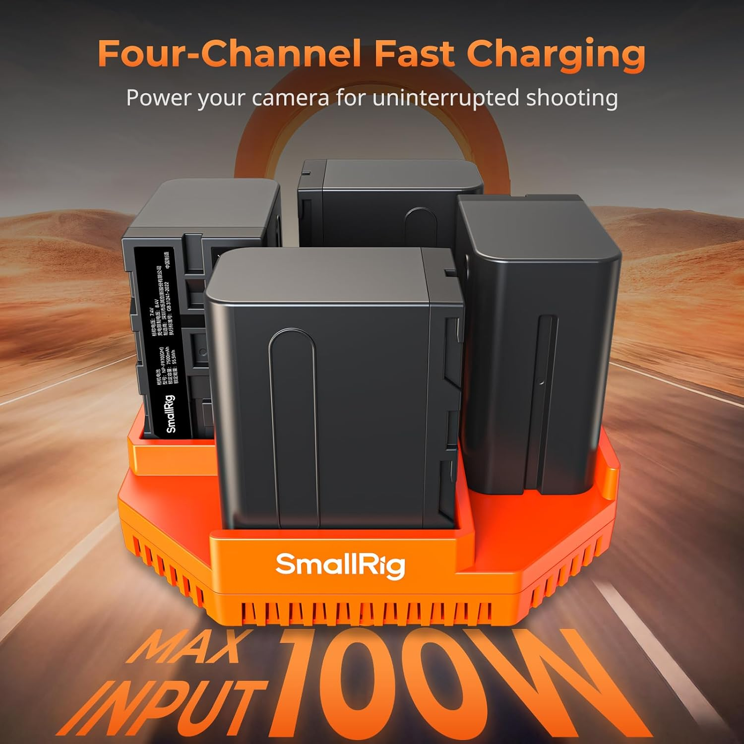 Smallrig NP-F970 4-Channel Camera Battery Charger, with PD100W Fast Charging, OLED Display, Compact NP-F Battery Charger for Sony NP-F970, NP-F750, NP-F550, NP-F570, Orange - 4837