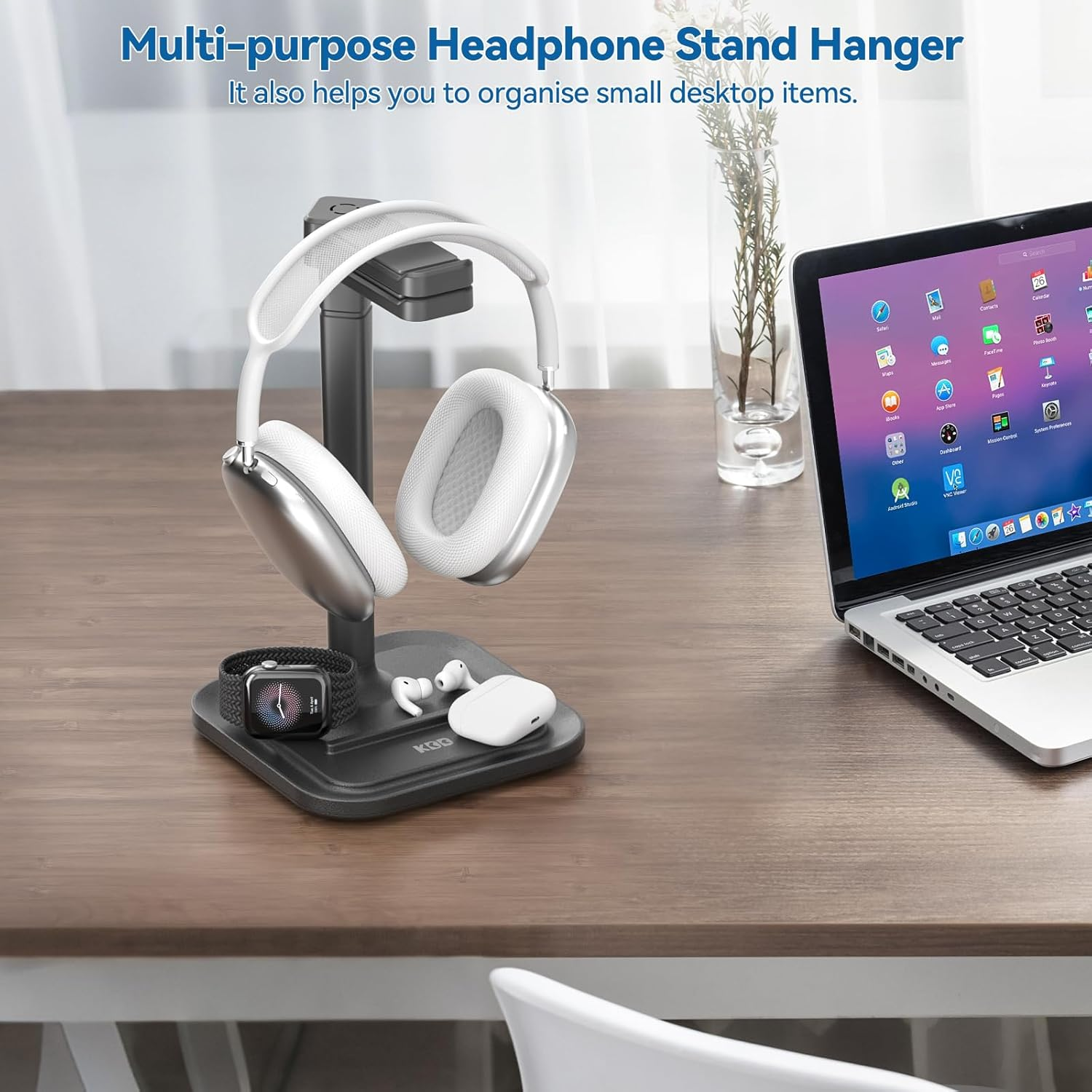 KDD Dual Headphone Stand for Desk - Rotatable Headset Hanger with Phone Holder - Removable Non-Slip Base for Gamers Desktop Accessories image number 2