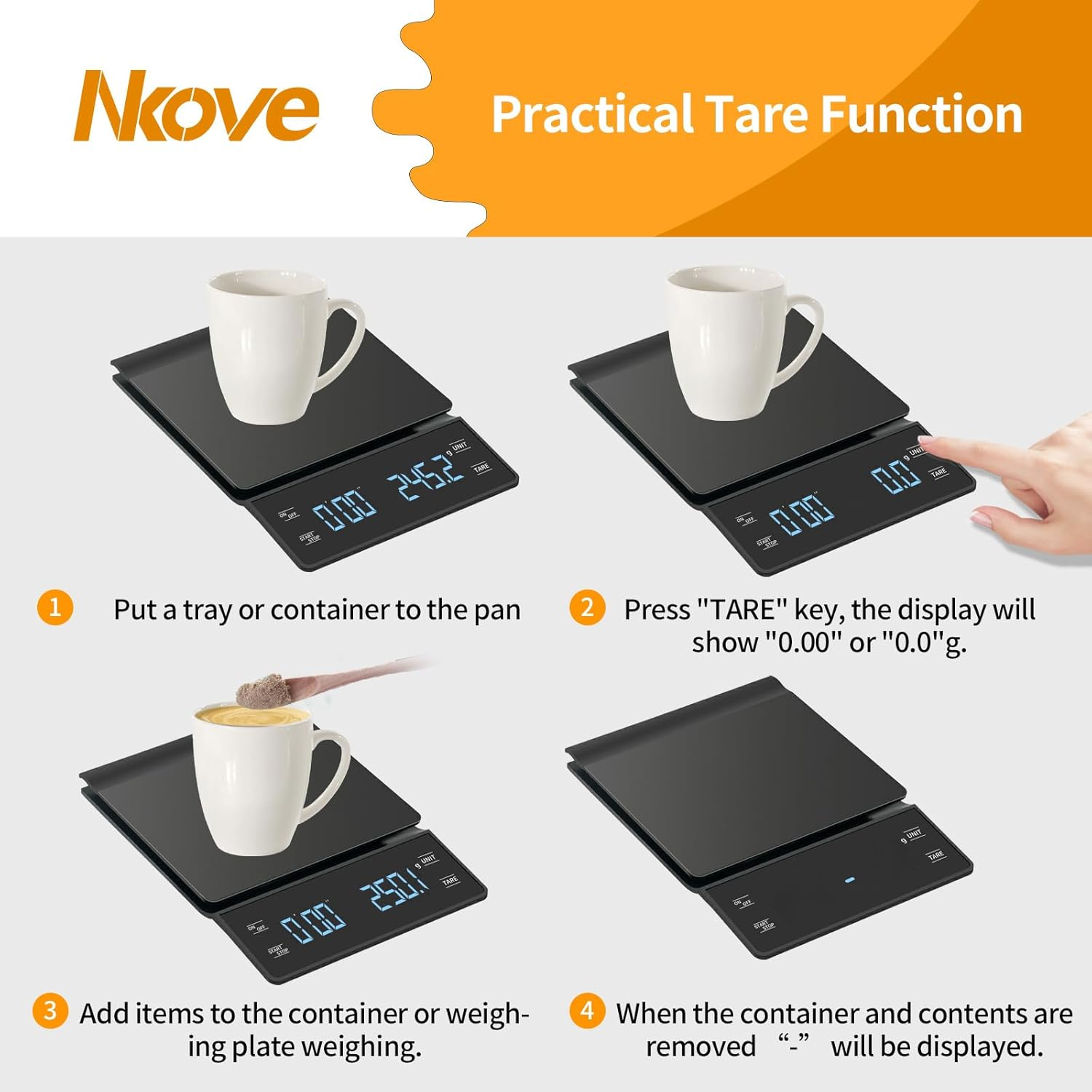 NKOVE Digital Coffee Scale with Timer 3Kg/0.1G High Precision Tare Function for Pour over Maker Brew image number 6