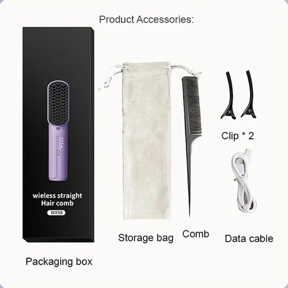 Jarttarn Cordless Hair Straightener Brush, Portable Mini Ionic Hot Comb Straightener for Women, Lightweight for On-The-Go Travel, Type-C Charging, Anti-Scald, Girl (Black) - Purple image number 2