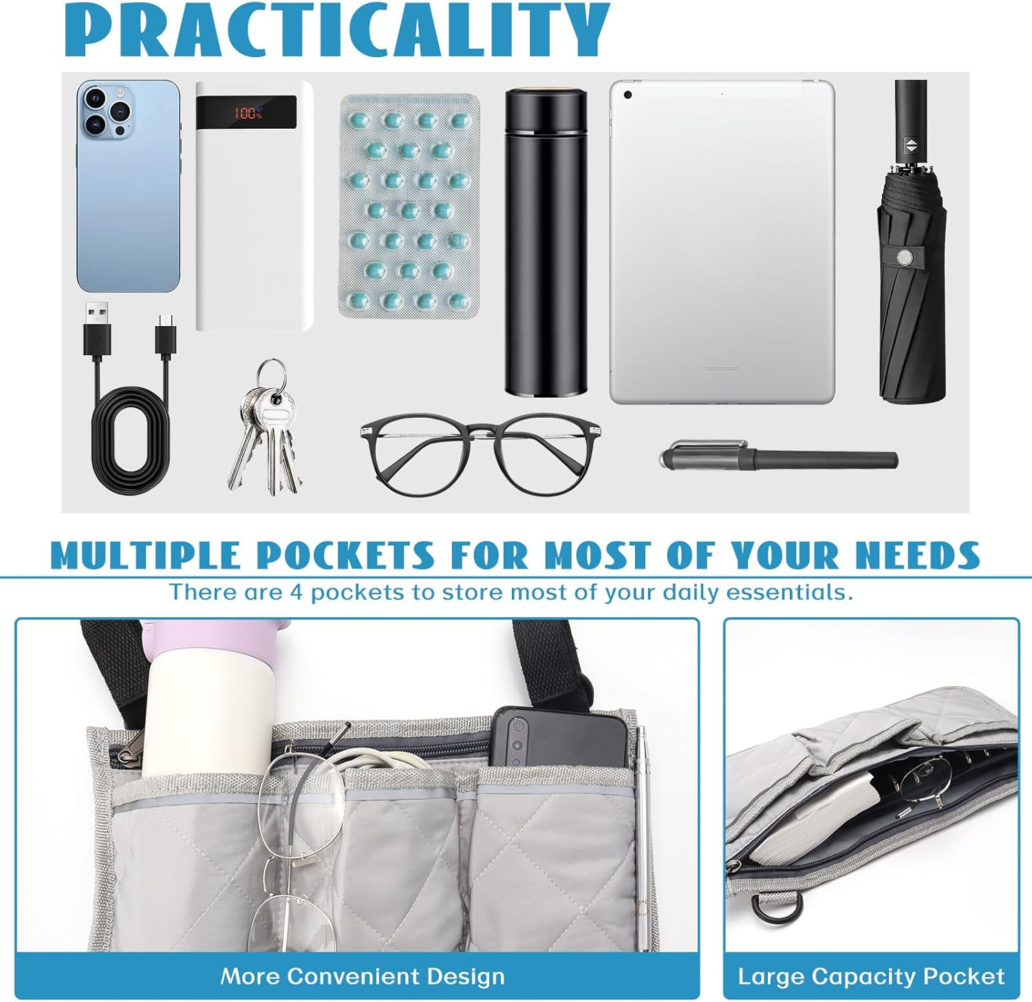 2 PCS Wheelchair Bag and Reflective Stripes, Black and Gray Wheelchair Side Bag, Wheelchair Accessories for Seniors, Wheelchair Armrest Side Bag for Manual Wheelchair, Electric Wheelchairs, Rollator and Walker (Gray) image number 5